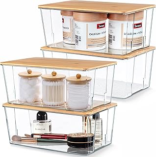Hudgan Plastic Storage Containers with Bamboo Lids, Medicine Cabinet Organizer Drawer Organizers Clear Bins with Lids for Organizing Pantry or Bathroom - 4.5 Inches Tall - Set Of 4