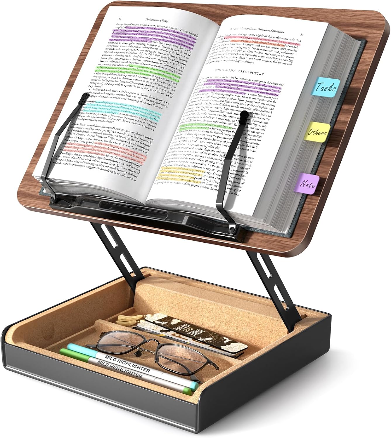 Book Stand with Storage, Book Holder for Reading Hands Free, Wooden Cookbook Stand for Kitchen Counter, Adjustable Reading Stand for Desk, Recipe Stand, Book Prop for Book Lovers