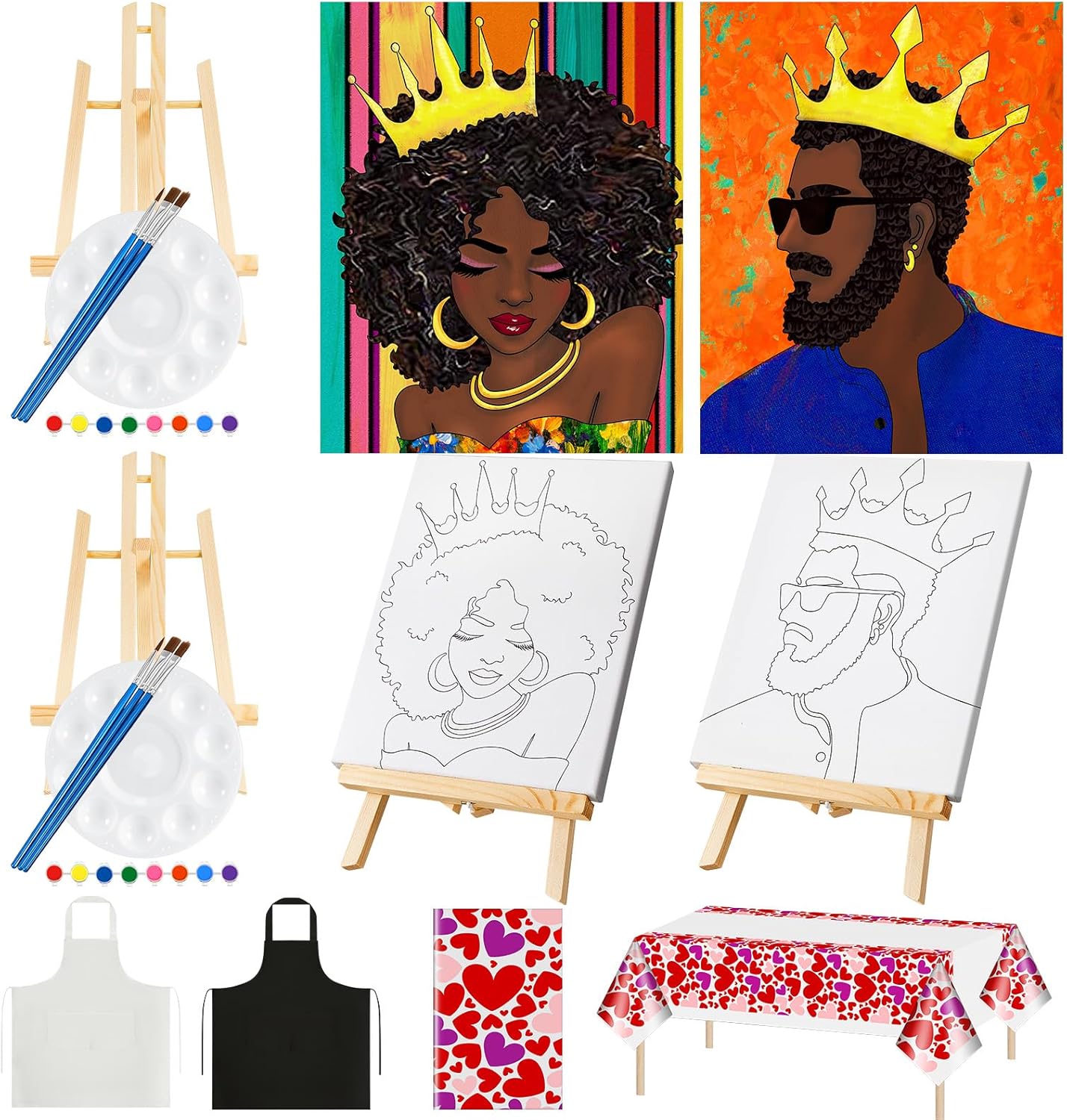 Yeaqee 13 Pcs Valentines Sip and Paint Kit for Couples Date Night Painting Kit Supplies Canvas Art Painting Set Pre Drawn Blank Stretch Canvas for Couple Adults Party(Afro King Queen,8x10)