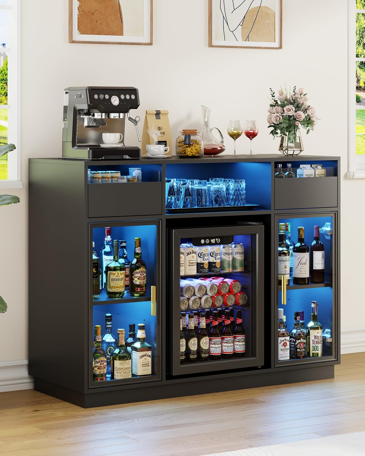 47" Coffee Bar with Fridge Included, LED Lighted Wine Cabinet with Power Outlet, Home Bar Cabinet with Glass Doors & Storage Drawers, Buffet Sideboard for Dining Room, Living Room, Black