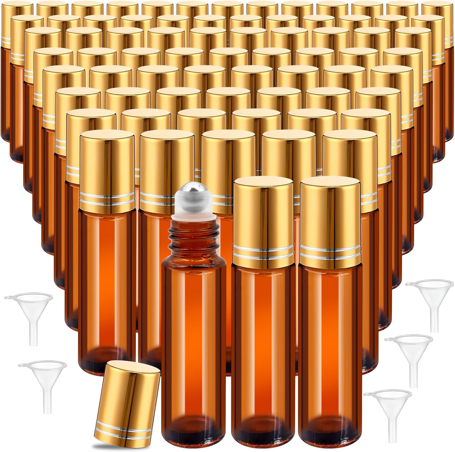50 Pack Essential Oil Roller Bottles Bulk, 10 ml Amber Glass Roll on Bottle with Stainless Steel Roller Balls, Refillable Empty Rollball Bottles for Essential Oils, Perfume, Cosmetics
