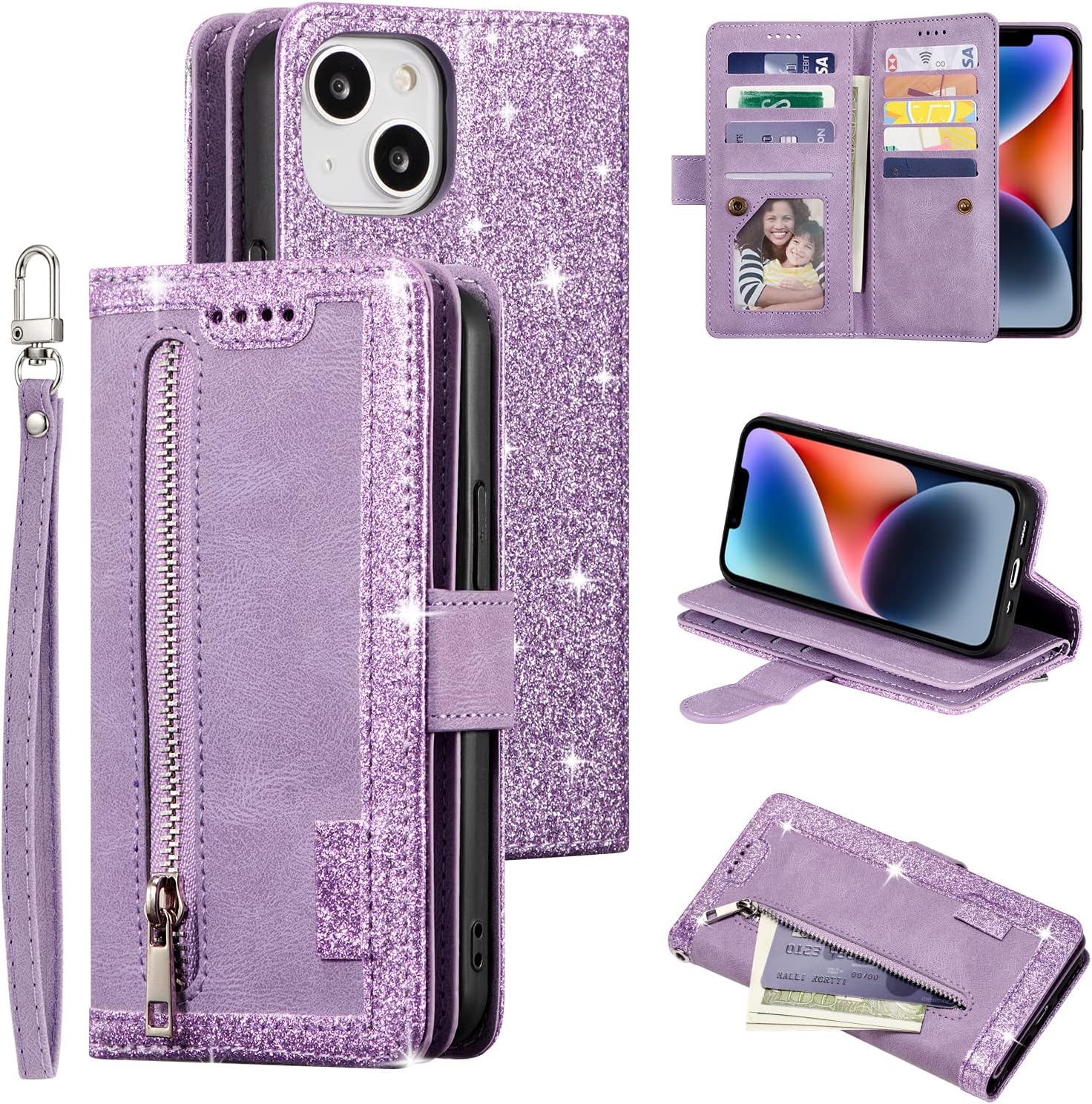 EYZUTAK Wallet Phone Case for iPhone 14 Plus, Retro Matte 9 Card Holder Slots Zipper Pocket Case PU Leather Magnetic Closure Kickstand with Wrist Strap Folio Flip Case - Purple