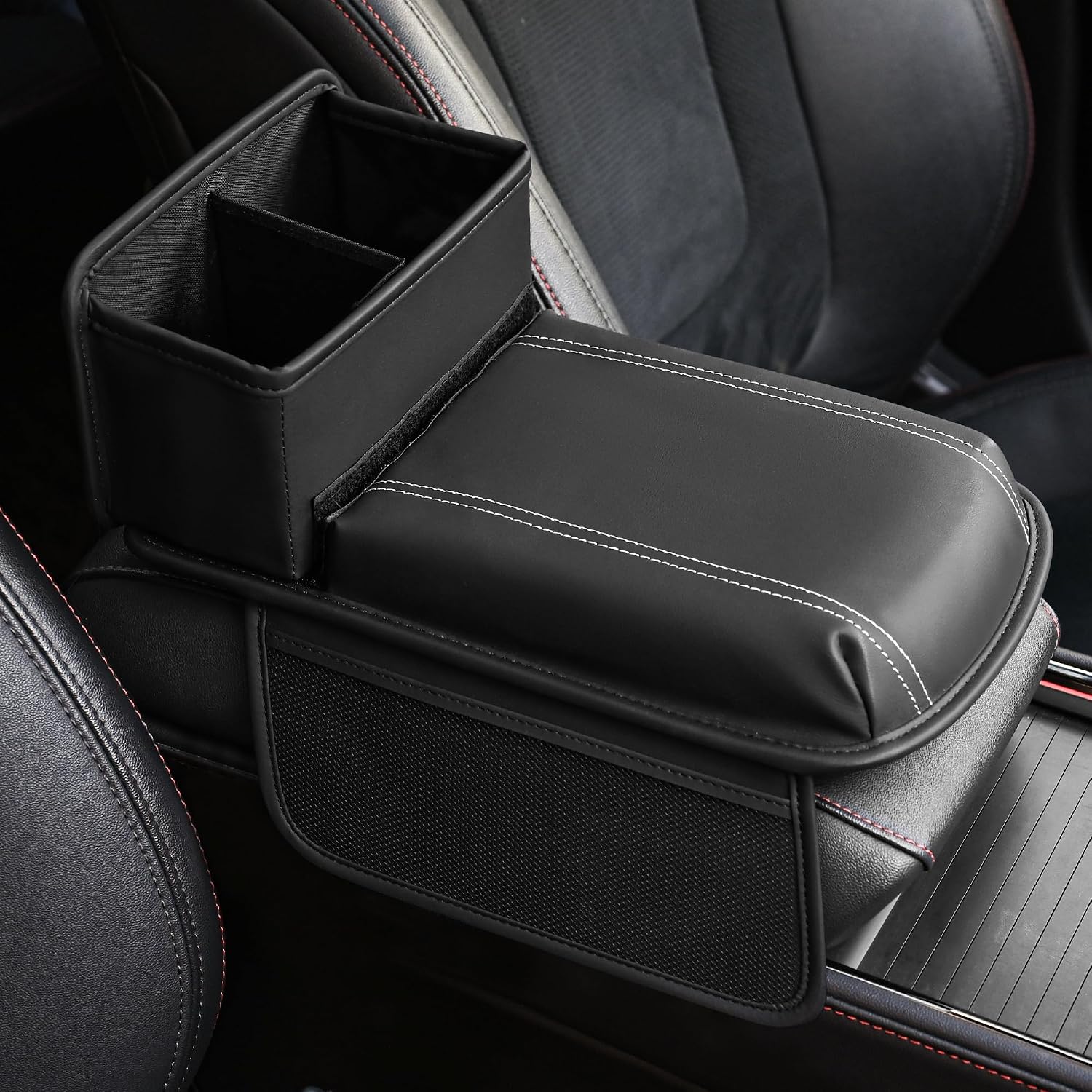 Car Armrest Cushion, Upgraded PU Leather Car Arm Rest Cover with Cup Holder and Storage Bag, Universal Memory Foam Center Console Pad for Car/Truck/Auto/SUV (Black)