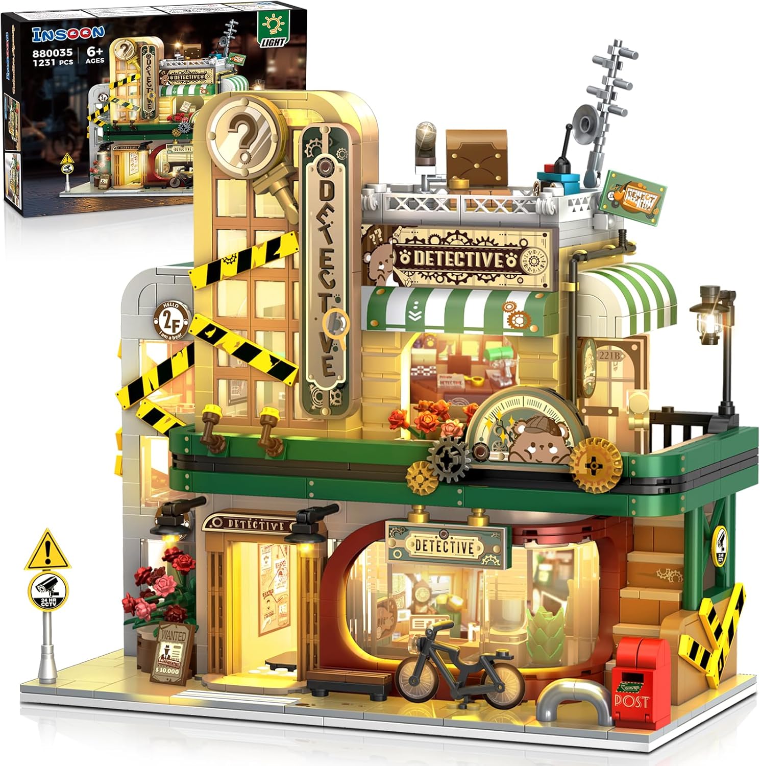INSOON Detective Agency Building Set with LED Light, 1231PCS Detective House Building Block Toy with Clue Wall Sofa, Office Architecture Construction Model for Adults Teens Kids Boys Girls 6-12+