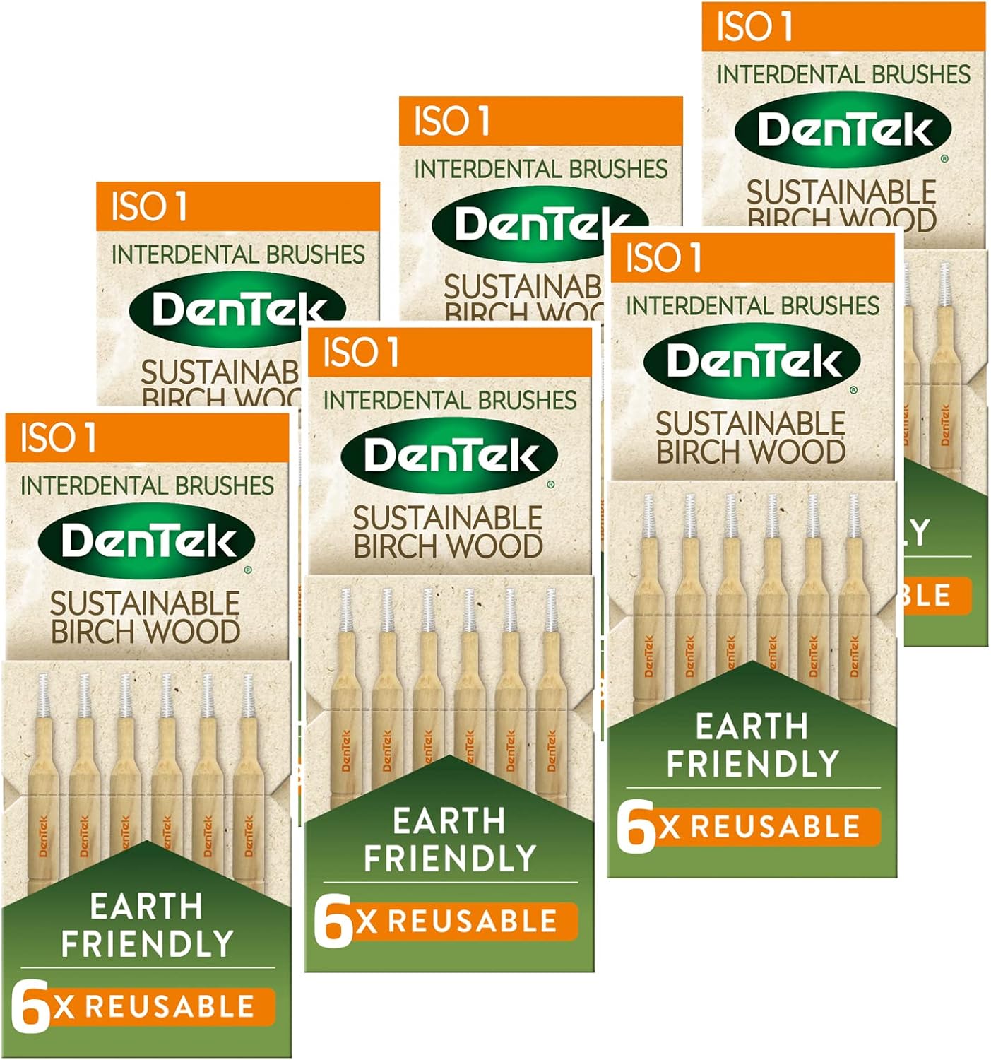 DenTek Earth Friendly Birch Wood - 6 Count x 6 Packs (36 Brushes) Interdental Brushes ISO1/0.45mm - Green