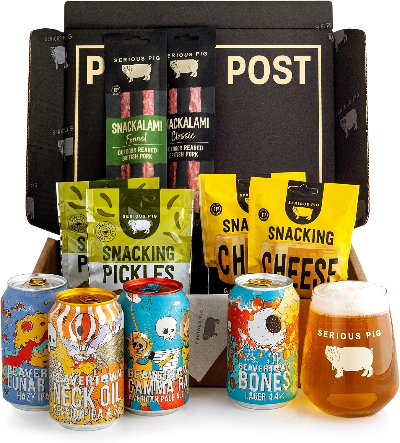 Serious Pig + Beavertown Craft Beer and Snacks Gift Box with Glassware and Tasting Notes (11 Pack)