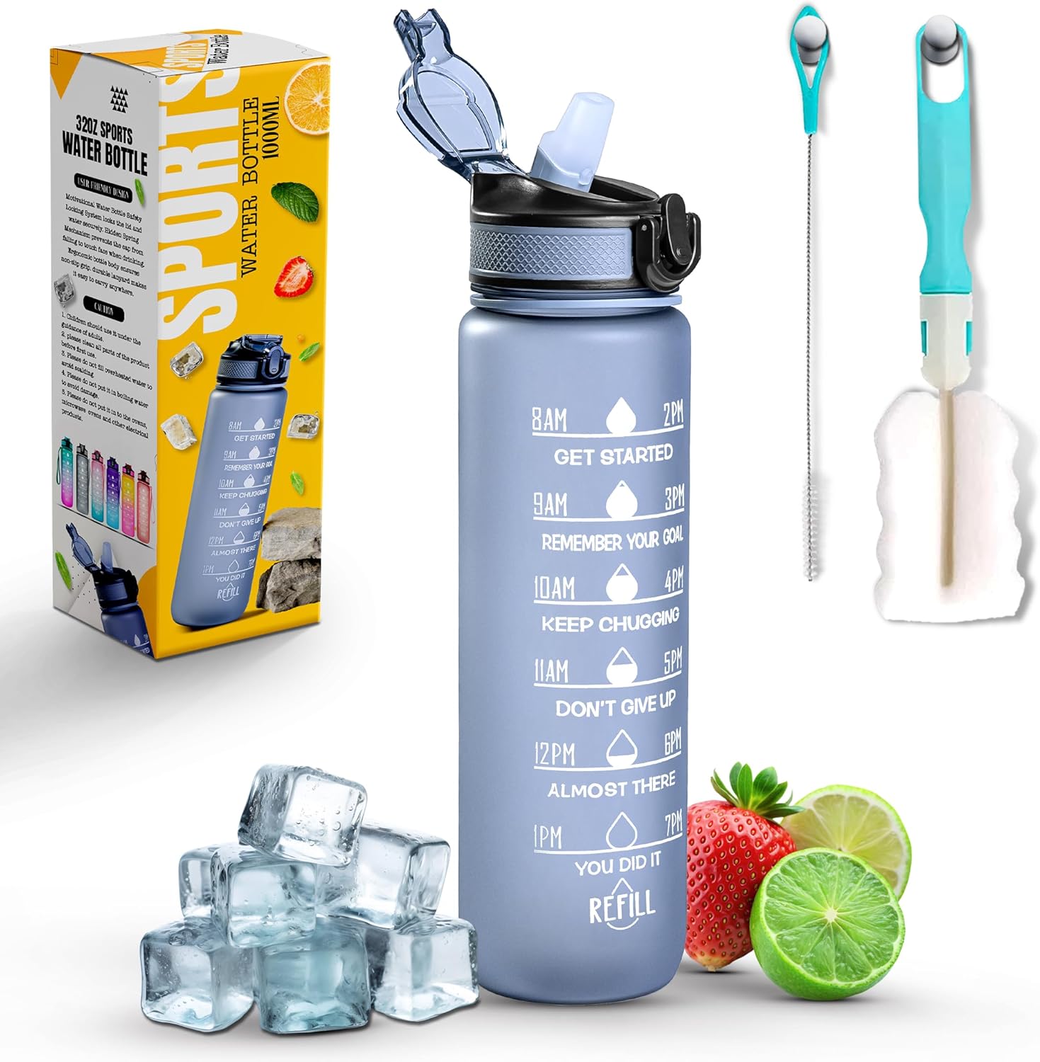 K-MART Sports Water Bottle with Straw and Time Marking, and 32OZ Capacity - Motivational and Eco-Friendly BPA-Free Bottle for Running, Gym, Yoga, Outdoors, and Camping (Style-1, Grey)