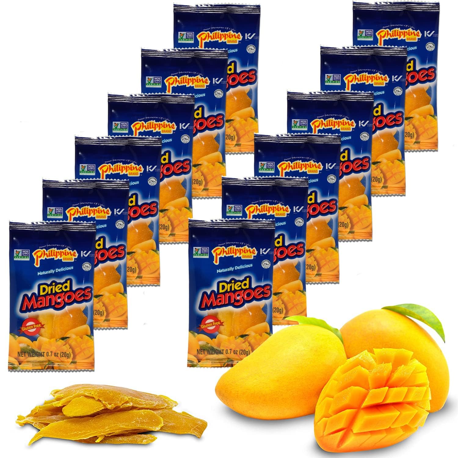 Philippine Brand Dried Mangoes Fruit Snacks- All Naturally Gluten Free, Vegan, Hand-Selected Delicious Fresh Mangos from Philippines, Grab and Go Perfect for Office & School Food (.7oz (12 pack))