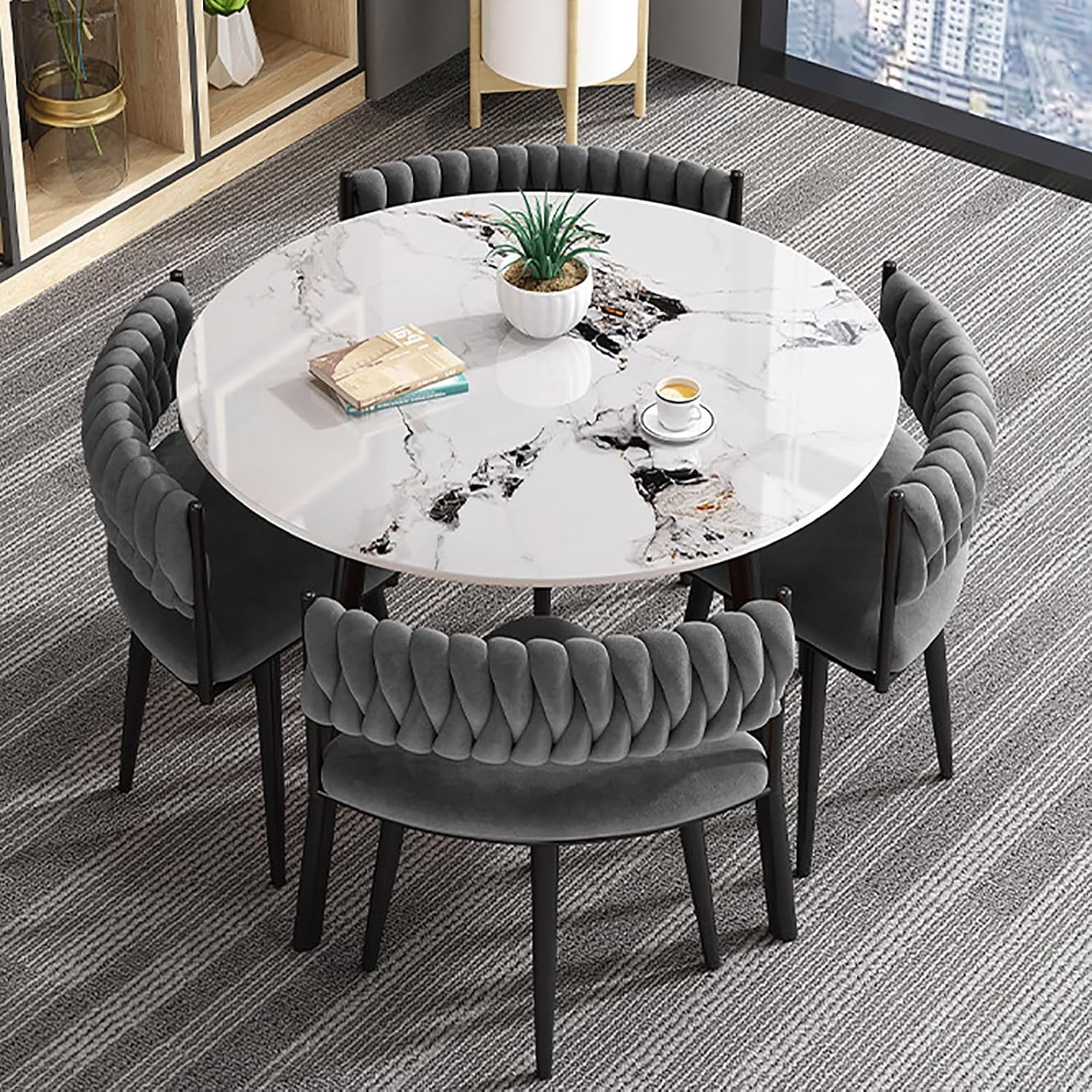 FAXJRU 31.5" Round Dining Table and Chairs Set for 4, 5 Piece Negotiation Coffee Table Set, Living Room, Office, Kitchen, Reception, wood color, Modern Minimalist Furniture(Gray)