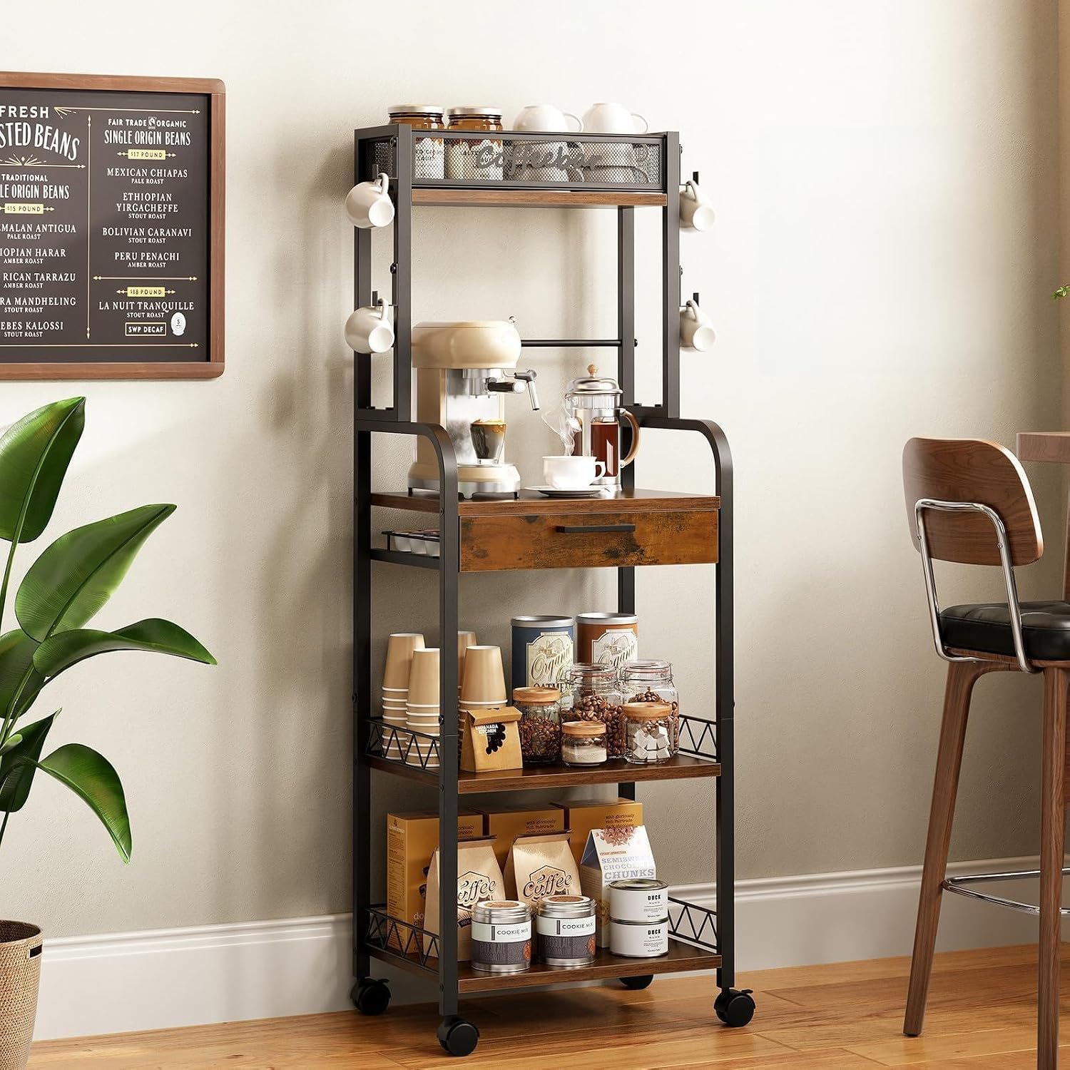 HavenlyYouth Coffee Station Organizer - 5 Tier Coffee Bar Cart with Wheels and Storage, Pod Drawers and 4 Hooks for k Cup Organizer, Tea Bar, Living Room, Kitchen,Office