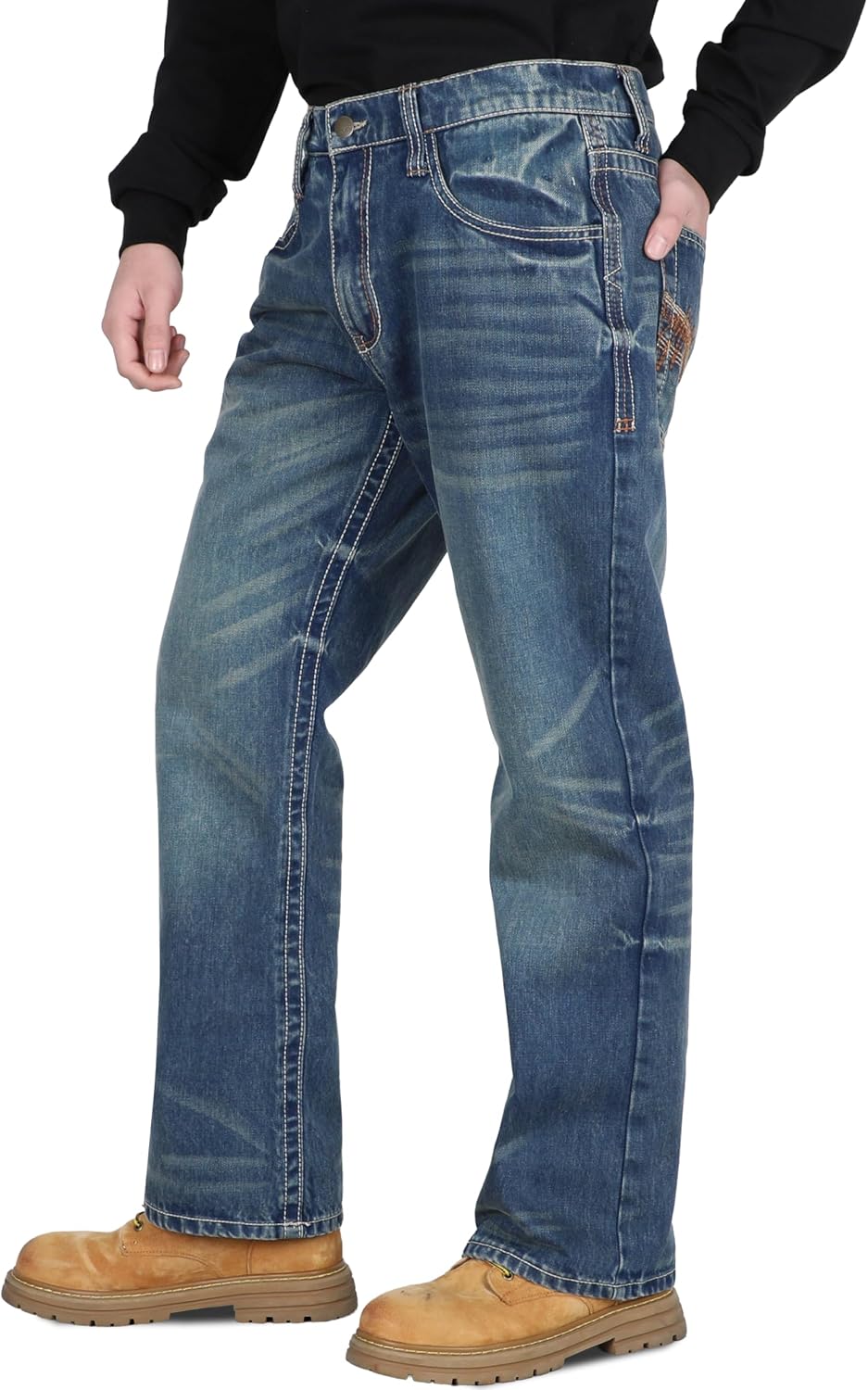 BOCOMAL Men's FR Jeans Relaxed Fit Boot Cut Midweight Denim Retro Washed | 12OZ 100% Cotton Flame Resistant Fire Retardant,NFPA2112 CAT2,Durable,Rugged Double Stitches,Classic 5 Pockets Work Pants