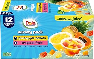 Dole Pineapple Tidbits and Tropical Fruit in 100% Juice Variety Pack - Dole Fruit Bowls Snacks - 4 oz Fruit Bowls - 12 Pack