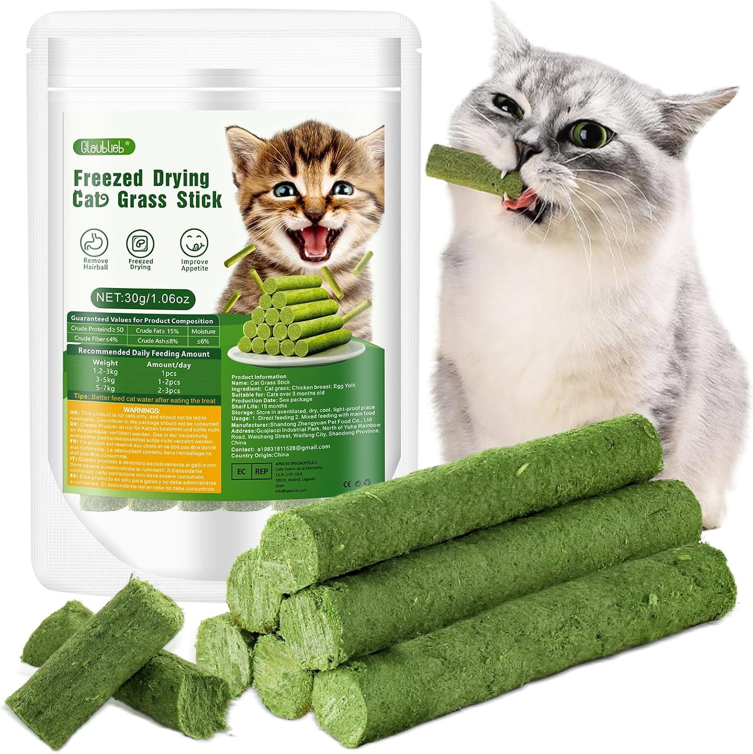 30g Cat Grass Teething Stick, Freezed Dried Cat Grass Sticks Snacks for Cats, Edible Cat Treats for Teeth Cleaning and Hairball Removal