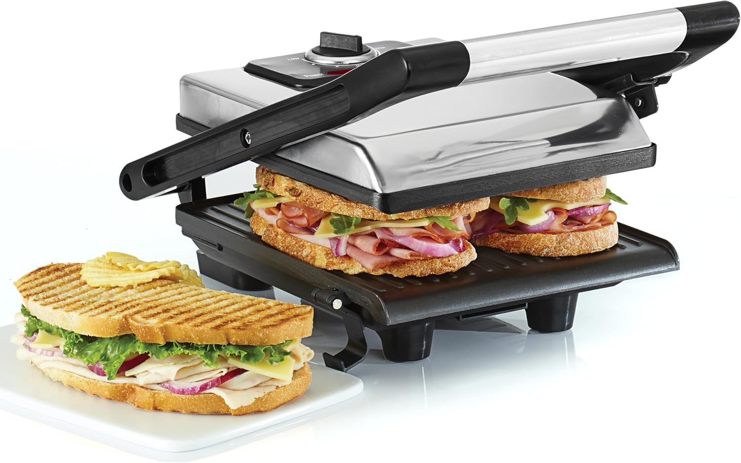 BELLA Panini Press, Sandwich Maker and Electric Indoor Grill with Double Nonstick Plates, Height Adjustable Lid and Removable Drip Tray, 1400 Watt, Stainless Steel