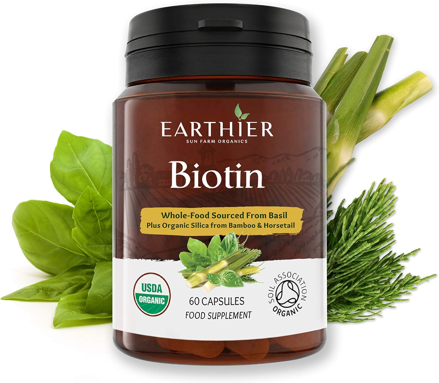 Organic Biotin Plus Silica - Hair - Nails - Whole Food Supplement - 1 Month Supply - Certified by Soil Association