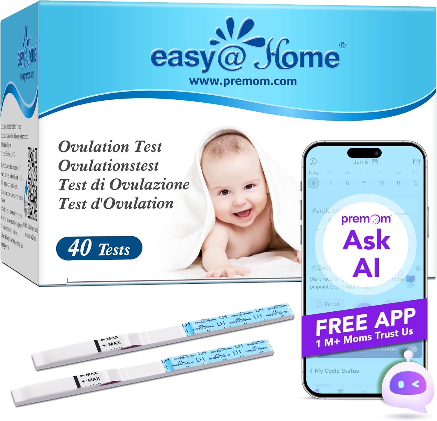 Easy@Home Ovulation Test Strips Fertility Test Kit, Powered by Premom Ovulation Predictor iOS and Android App (40LH)