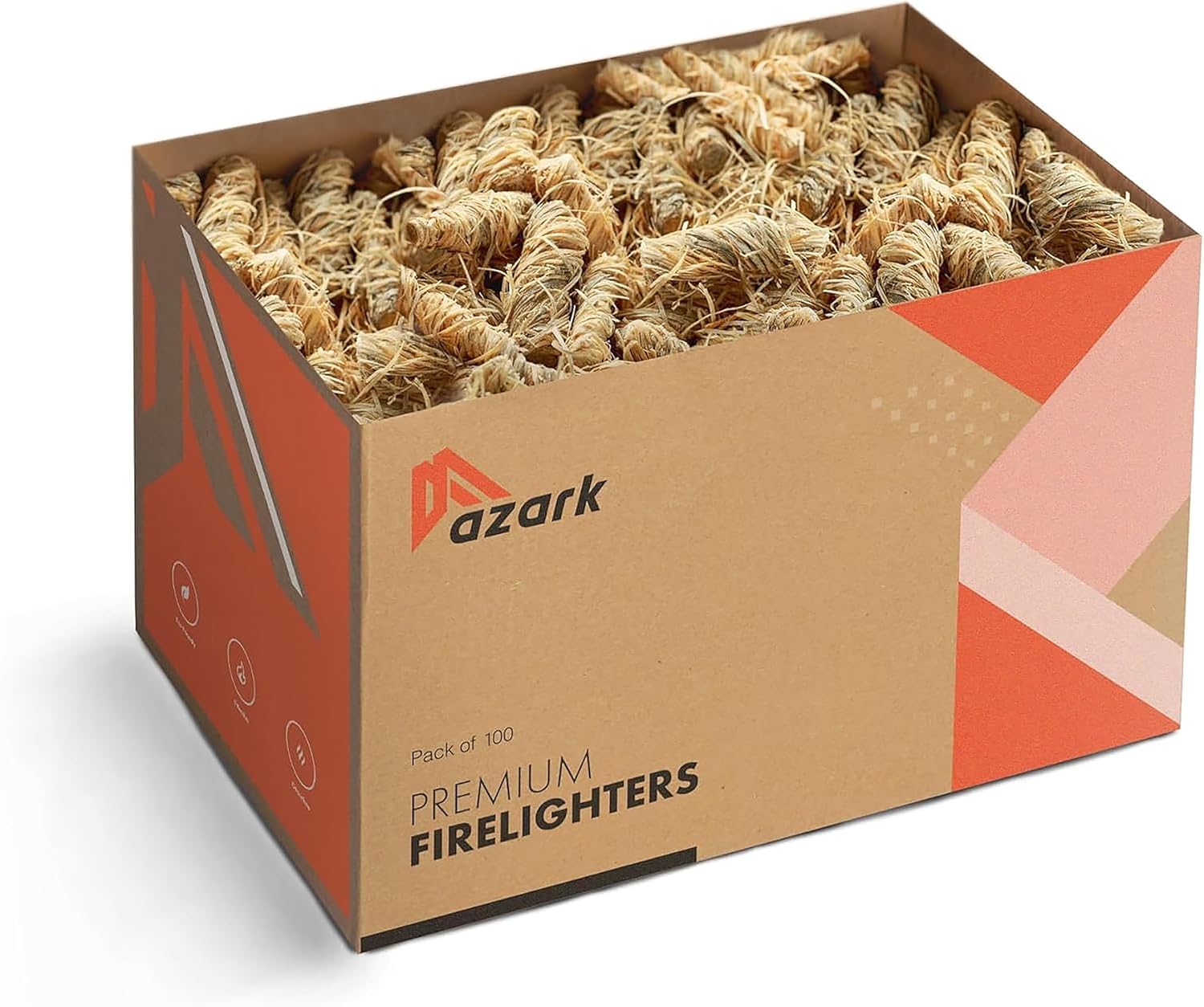 azark Natural Wood Premium Fire Lighters, Eco Friendly Charcoal Starter, Wood Wool Fire Starter for Barbecue, Pizza Ovens & Smokers Clean, Safe and Odourless - 100 Pack