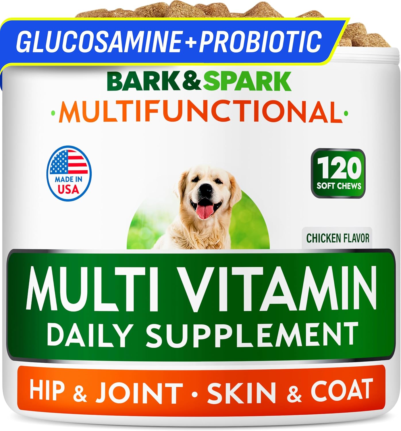 BARK&SPARK Dog Vitamins & Supplements - Multivitamin Chewable Treats for Dogs - Glucosamine Chondroitin for Joint Support + Omega for Skin & Coat + Probiotics - Multi Vitamin for Pets Health - 120Ct