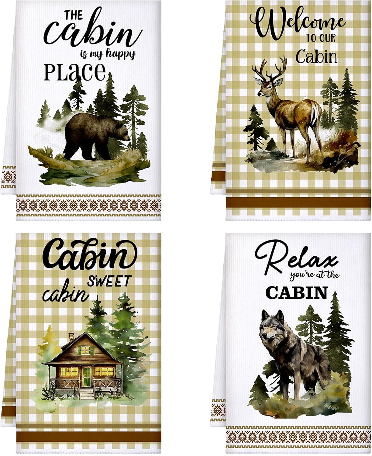 Buryeah 4 Pcs Cabin Kitchen Towels Set 23. 6 x 16 Inches Wildlife Deer Bear Dish Towels Log Rustic Cabin Decor Soft Absorbent Hand Tea Dishcloth for Home Kitchen Bathroom Farmhouse Campers