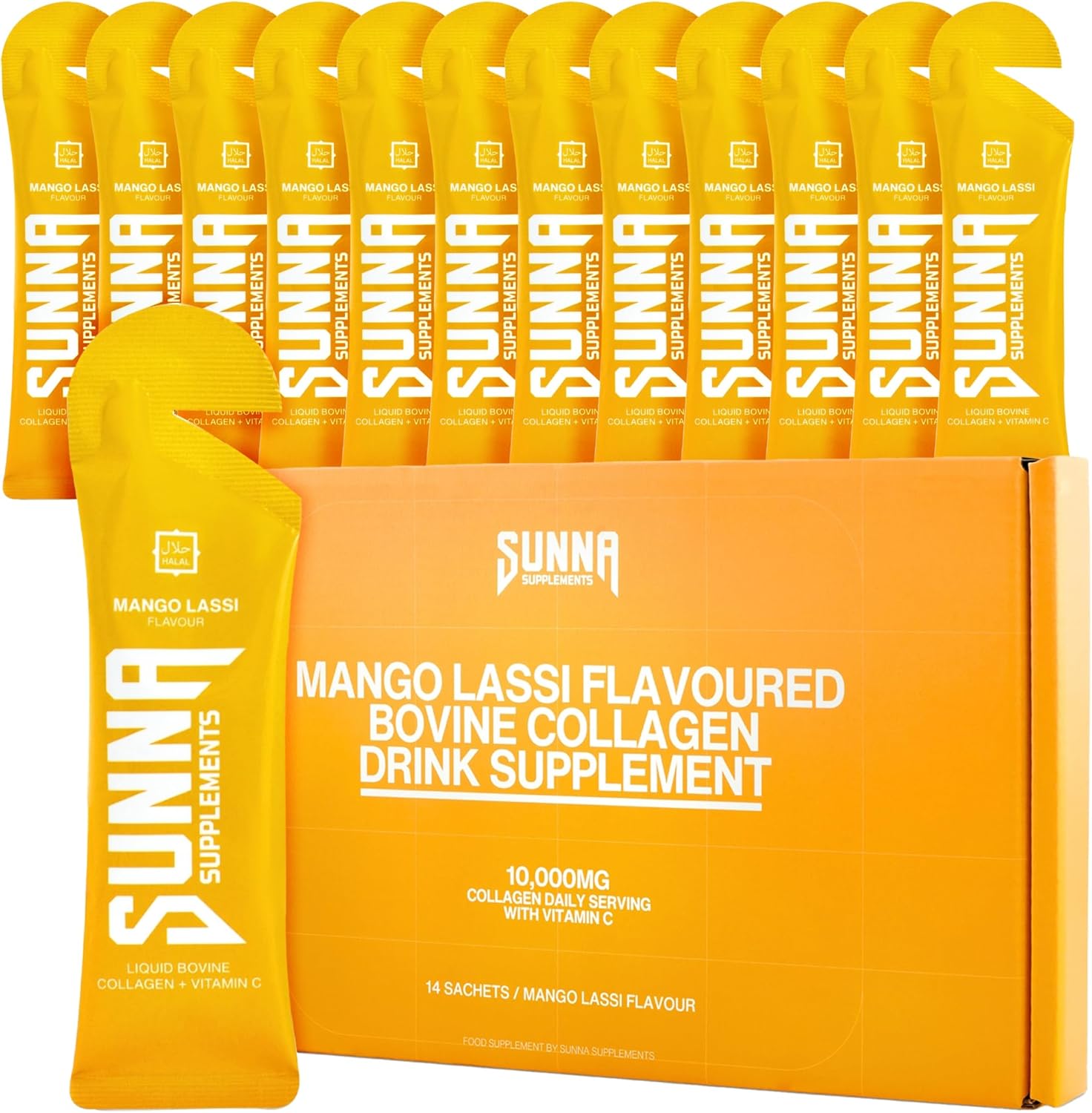 SUNNA SUPPLEMENTS - Halal Mango Lassi Collagen Drink with Vitamin C - 10000 mg Liquid Bovine Collagen Peptides for Women and Men - Hydrolysed Formula Suitable for Everyone - 14 Sachets (35ml Each)