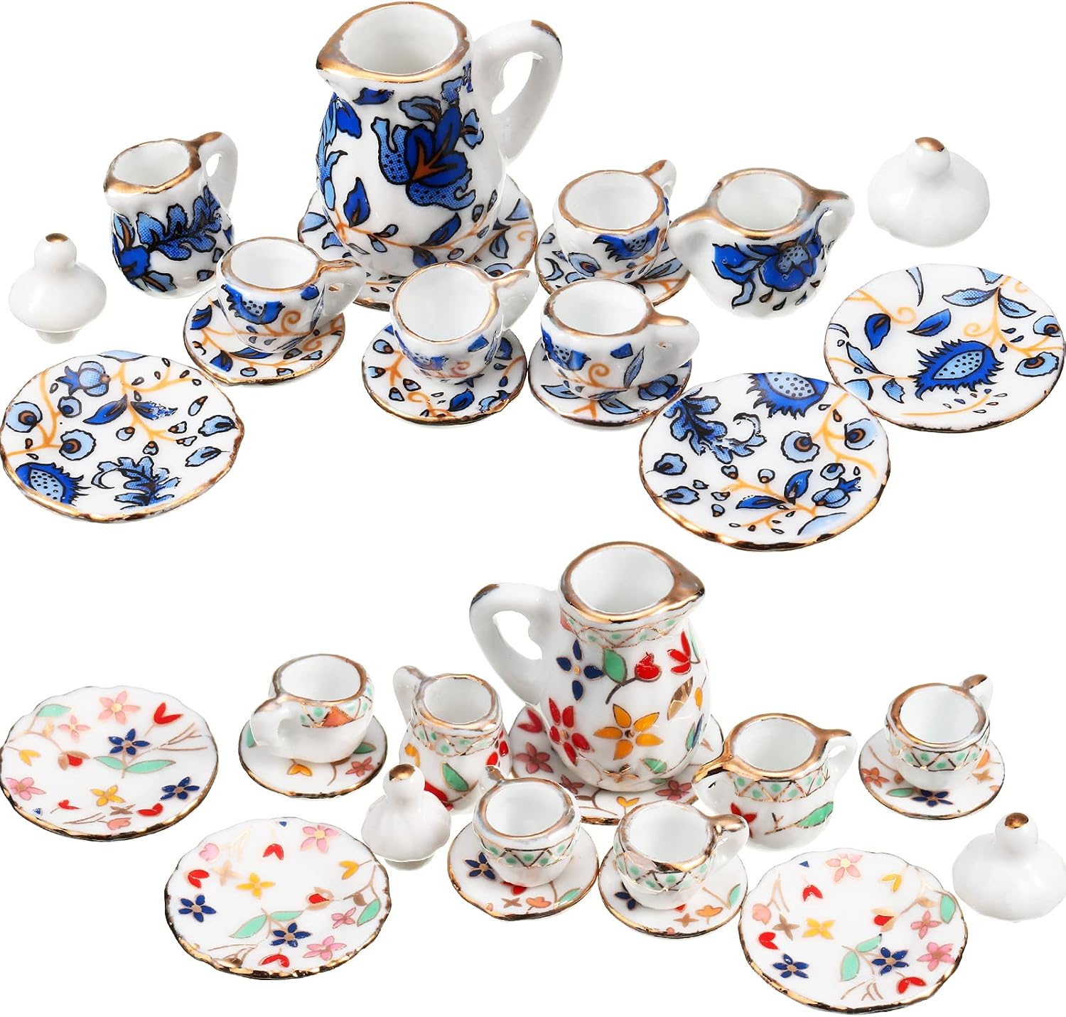 Geiserailie 2 Set 1:12 Dollhouse Miniature Porcelain Tea Cup 30 Pieces Mini Flowers Pattern with Golden Trim Teapot Cup Plate Dollhouse Kitchen Accessories (Charming Style)