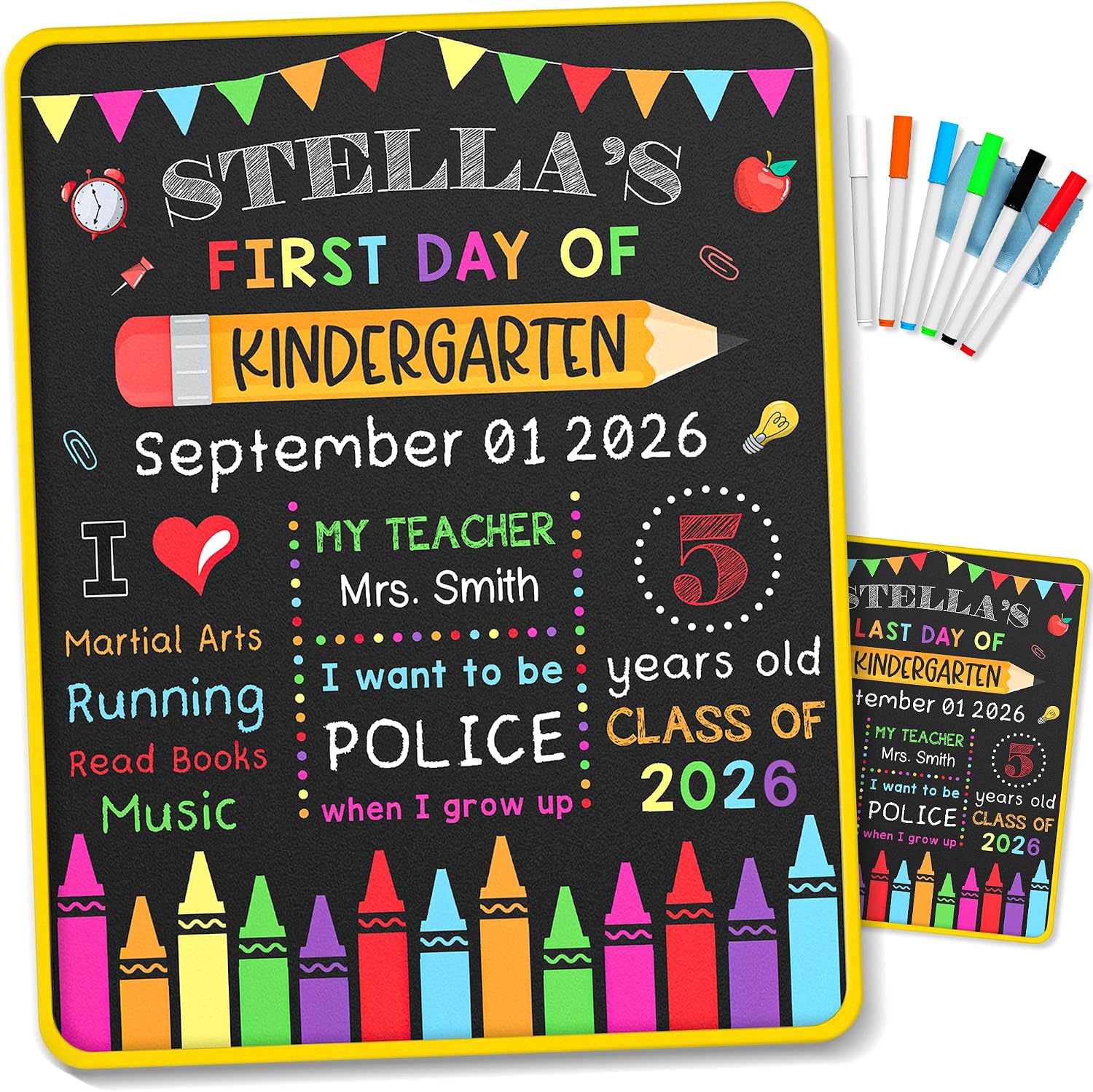DUNKMATE First Day Last Day of School Board Sign with 6 Liquid Chalk Markers Pack & Wipe Cloth - 14”x11” Double-Sided & Reusable Chalkboard - Back to School Board