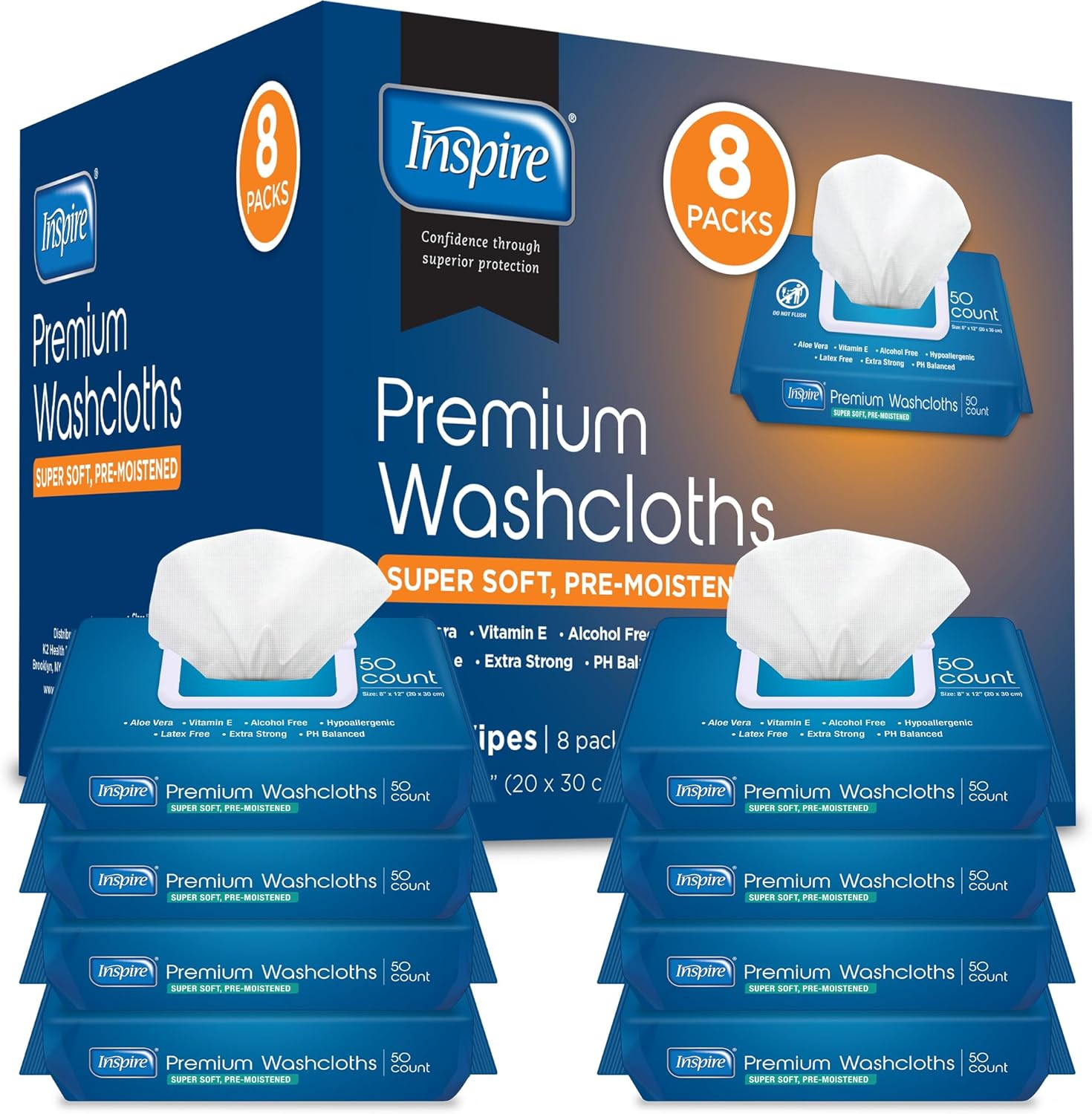 Inspire Adult Wet Wipes, Wash Cloths, Incontinence & Cleansing for Elderly Extra Large, 8"x12" (Pack of 8)