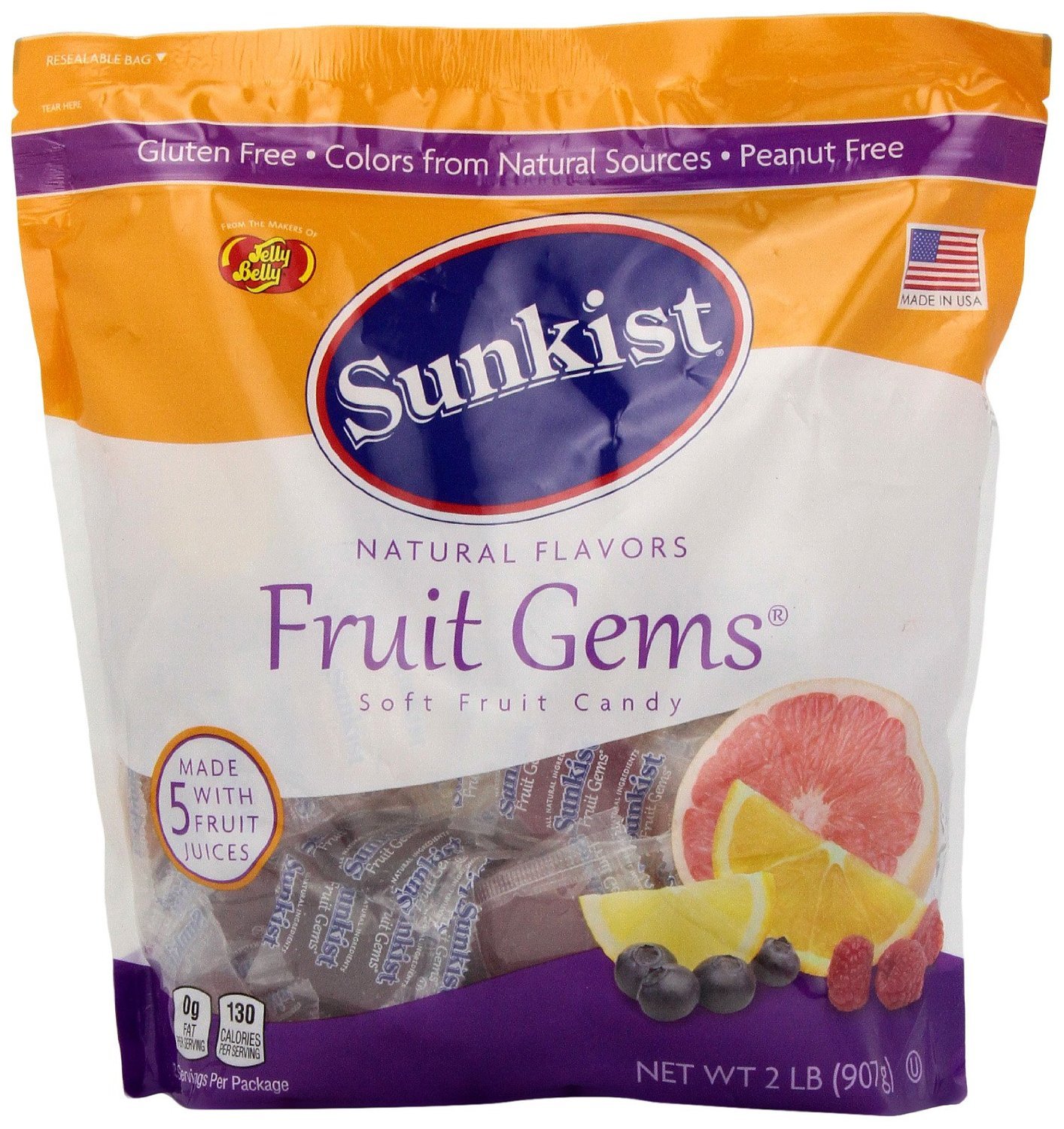 Jelly Belly, Sunkist, Fruit Gems, Soft Fruit Candies, 2lb Bag (Pack of 2)