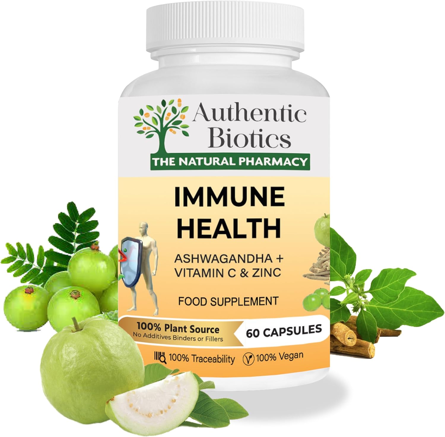 Authentic Biotics Ashwagandha KSM-66 with Vitamin C & Zinc – 60 Vegan Immunity Support Capsules | Plant-Based Multivitamin & Mineral Supplement for Stress, Energy & Immune Health | Pack of 1