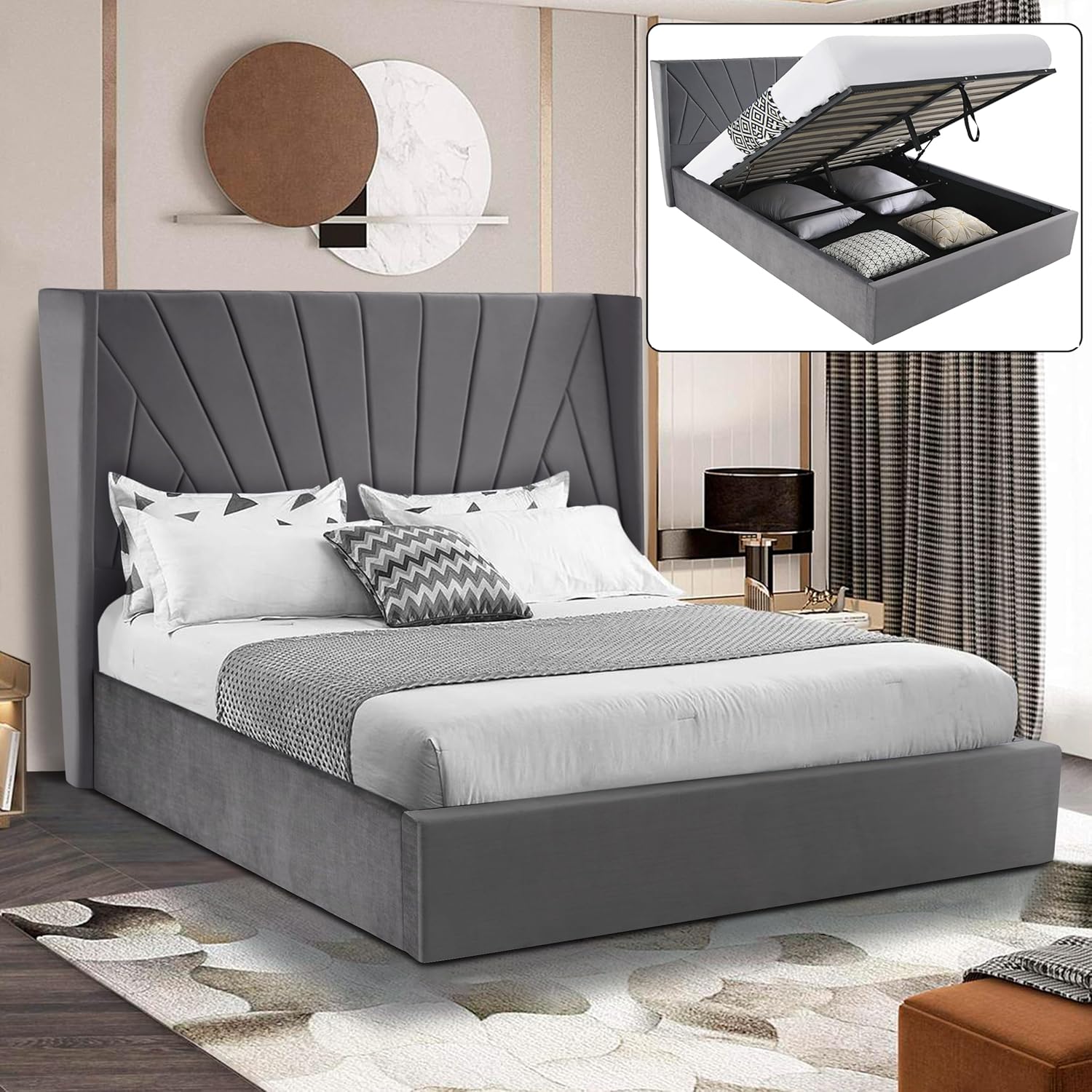 Generic Double 4ft6 Ottoman Storage Bed with Mattress Included, Velvet Upholstered Gas Lift Up Bed Frame with Storage, Dark Grey