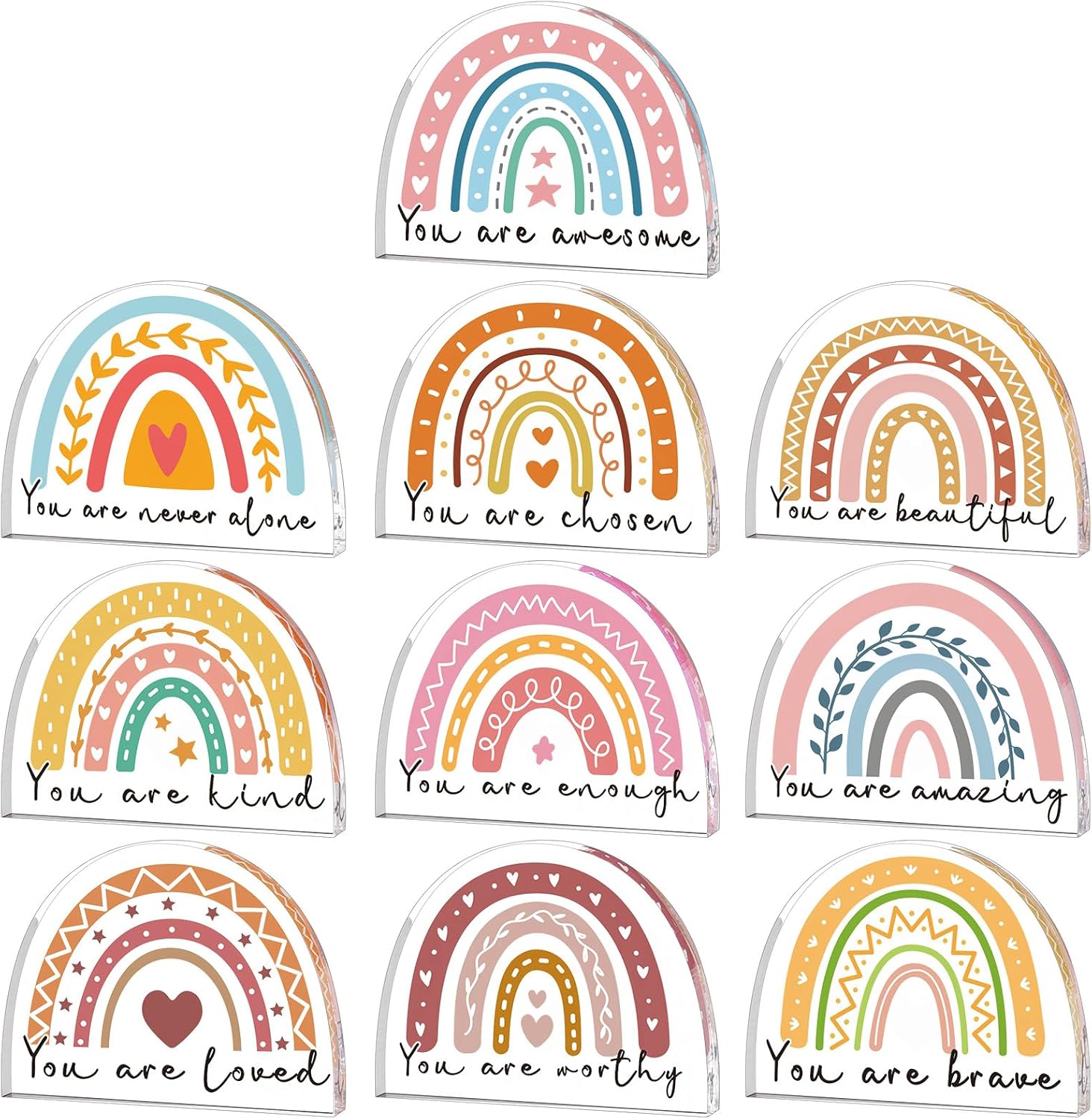 10 Pcs Rainbow Acrylic Gifts Bulk Inspirational Quotes Boho Acrylic Paperweight Keepsake Gifts for Teacher Employee Women Birthday