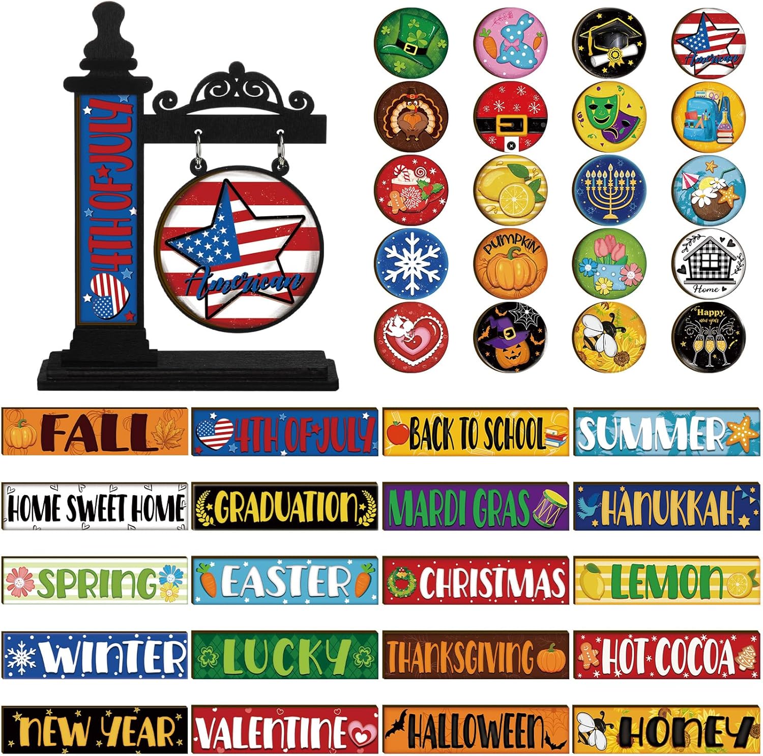 41 Pcs Interchangeable Seasonal Decor Mini Standing Sign Farmhouse Convertible Seasonal Wood Welcome Sign for 4th of July Summer Holiday Table Decor(Black)