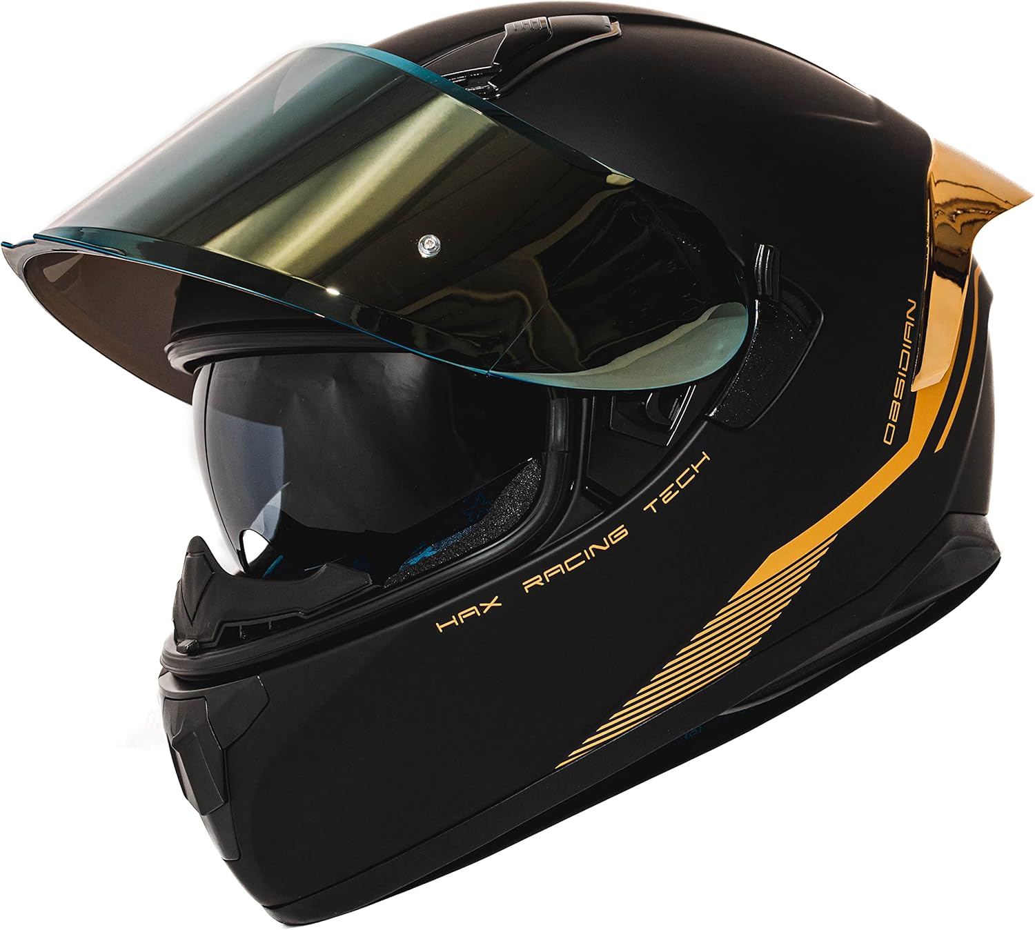 HAX Obsidian Full Face Dual Visor Adult Motorcycle Helmet for Motorbike Street Bike with Pinlock Ready DOT Approved Matte Black Gold S