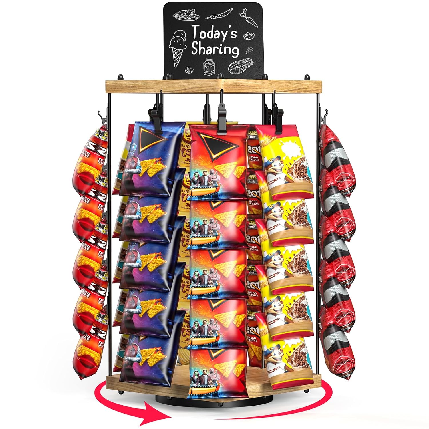 TJ.MOREE Chip Rack Display Stand, Chip Bag Holder for Party 360° Rotation 40 Clips Countertop Snack Hanger, Snack Retail Display Rack