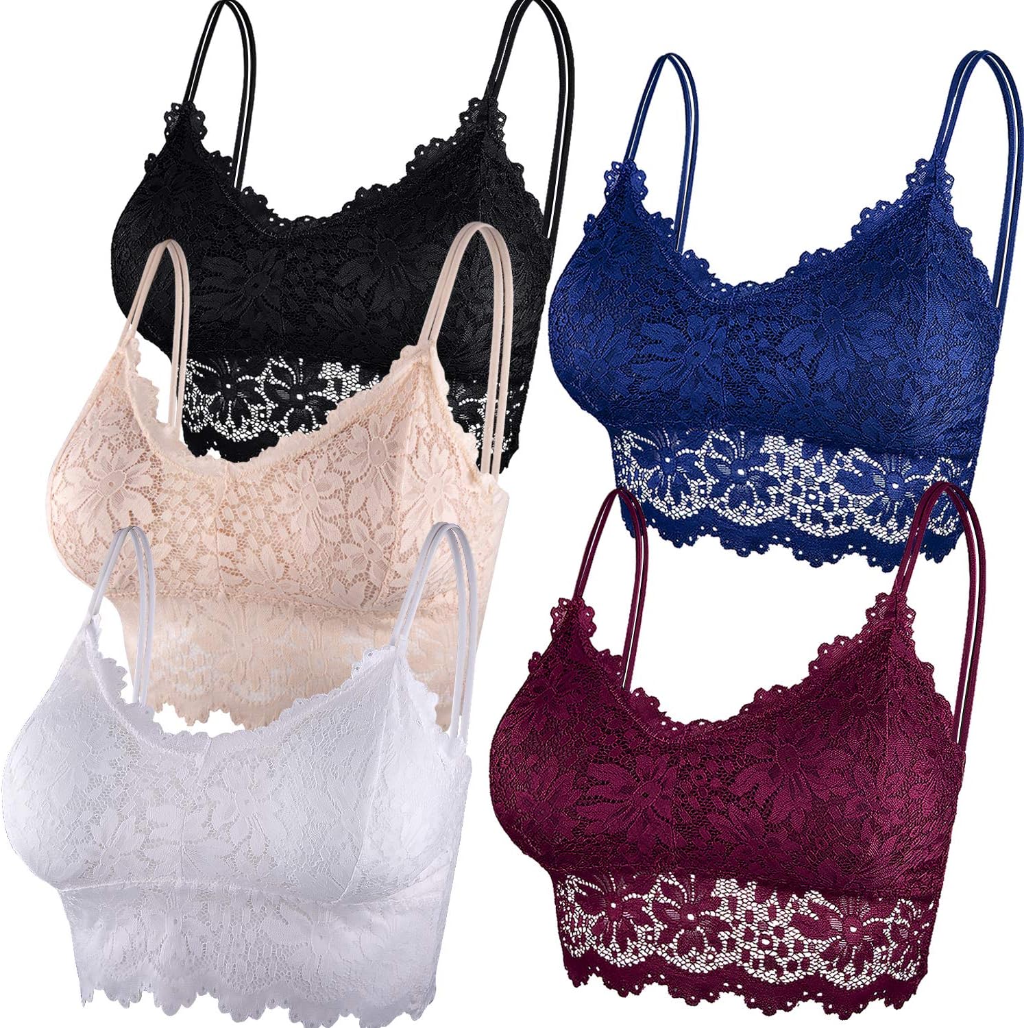 Duufin 5 Pcs Lace Bralettes for Women Bralette Padded Lace Bandeau Bra