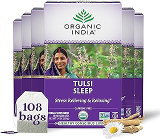 ORGANIC INDIA Tulsi Sleep Herbal Tea - Holy Basil, Ashwagandha, Chamomile, Night Time Tea for Bedtime, Stress Relieving & Relaxing, Immune Support, USDA Certified Organic - 18 Infusion Bags, 6 Pack