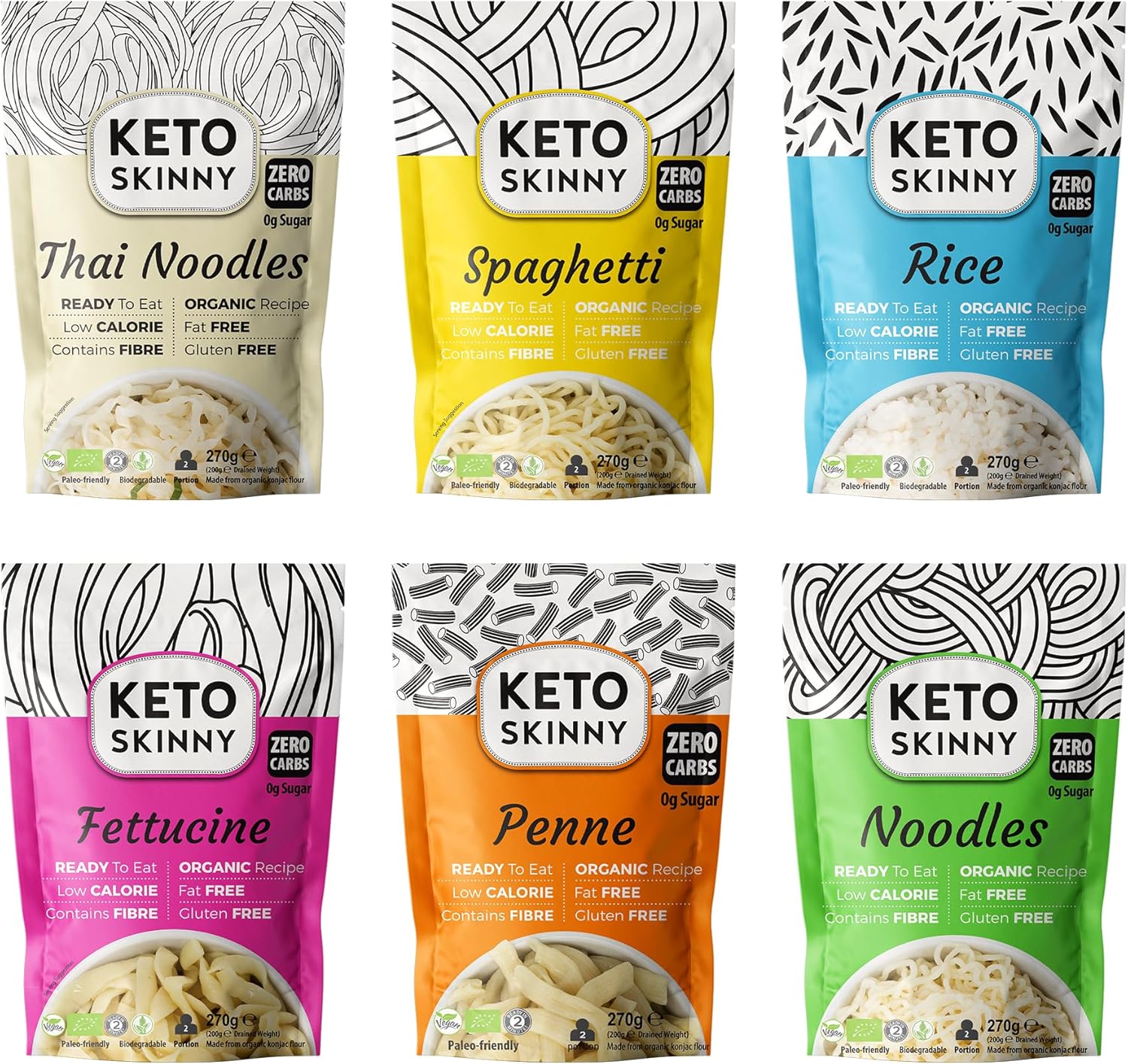 Keto Skinny Organic Konjac Noodles, Pasta & Rice (Mix Pack of 6 x 270g) Fettuccine, Spaghetti, Penne, Thai Style, Zero Carb, Low Calorie, High Fibre, Gluten, Fat & Sugar Free, Ready to Eat Keto Food