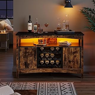 Bestier Wine Bar Cabinet with Wine Rack, Farmhouse Coffee Bar Sideboard with LED Lights, Industrial Sideboard Buffet Cabinet with Storage, Rustic Brown