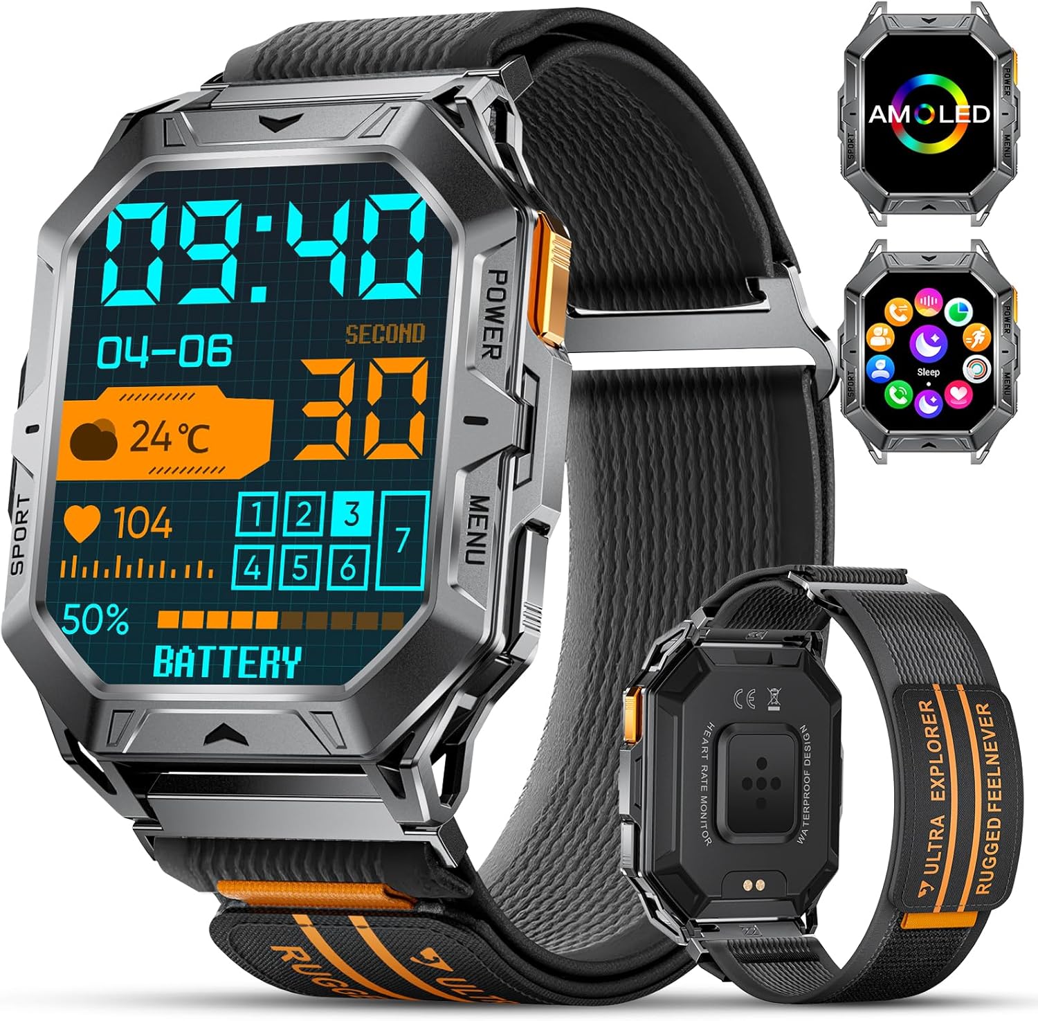 FEELNEVER Military Smart Watch for Men with 1000mAh Battery,2.13'' Amoled Large Smartwatch with Answer Make Call,Heart Rate/Blood Pressure Sleep Monitor,5ATM Waterproof Sport Fitness Watch,Nylon Strap