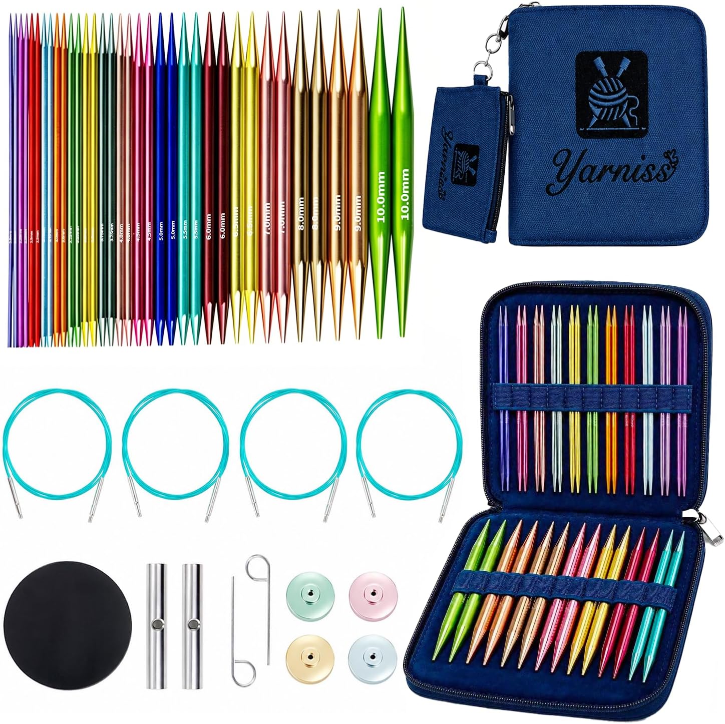 Yarniss 18 Pairs Circular Knitting Needles Set US Sizes 0-15, Aluminum Interchangeable Knitting Needles Kit with 4 Free-Memory Swivel Cables and Storage Case