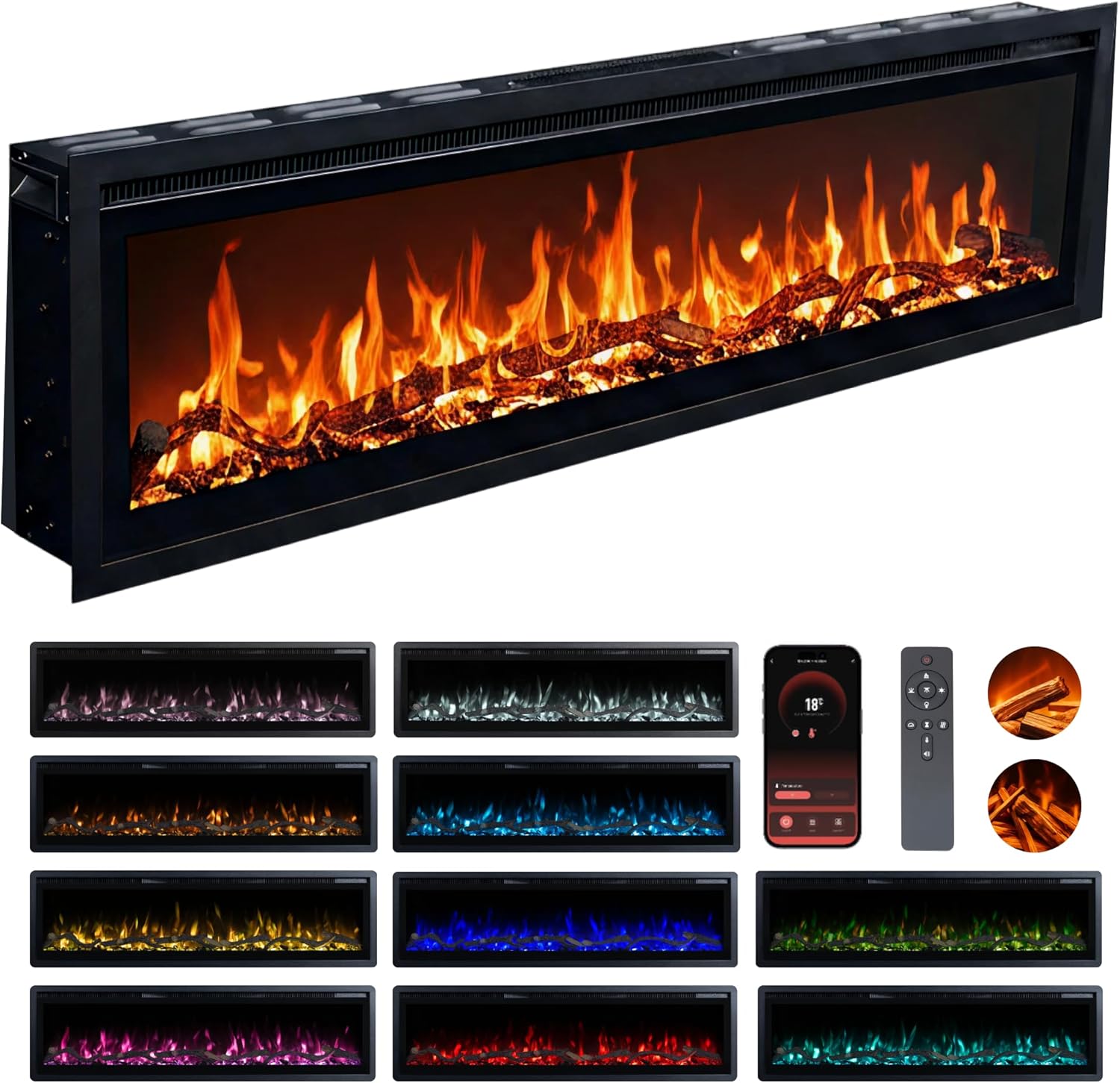Recessed Electric Freestanding Fireplace UltraSlim Heater 72"/183cm, Wall-Mounted Fireplace for Media Wall, Electric Fire with 15 LED Flame Colours, Wifi/Alexa, Remote Control, 900W/1800W