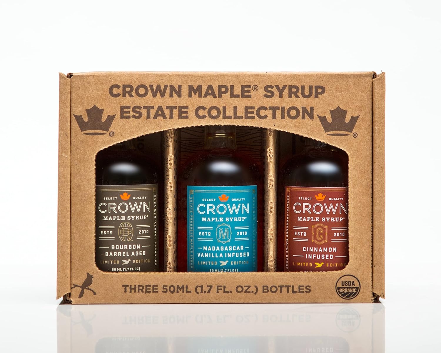 Crown Maple Artisan Trio Collection in Petite 50ML (1.7 Fl. Oz.) Window Box featuring Bourbon Barrel Aged, Madagascar Vanilla Infused, and Cinnamon Infused Organic Maple Syrup