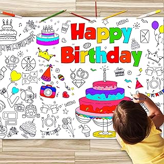JUNQIU Happy Birthday Coloring Tablecloth, 72 * 31Inch Giant Coloring Poster for Kids, Coloring Paper Roll for Party Activities/Coloring Game/Birthday Party Games/Birthday Crafts for Kids Party