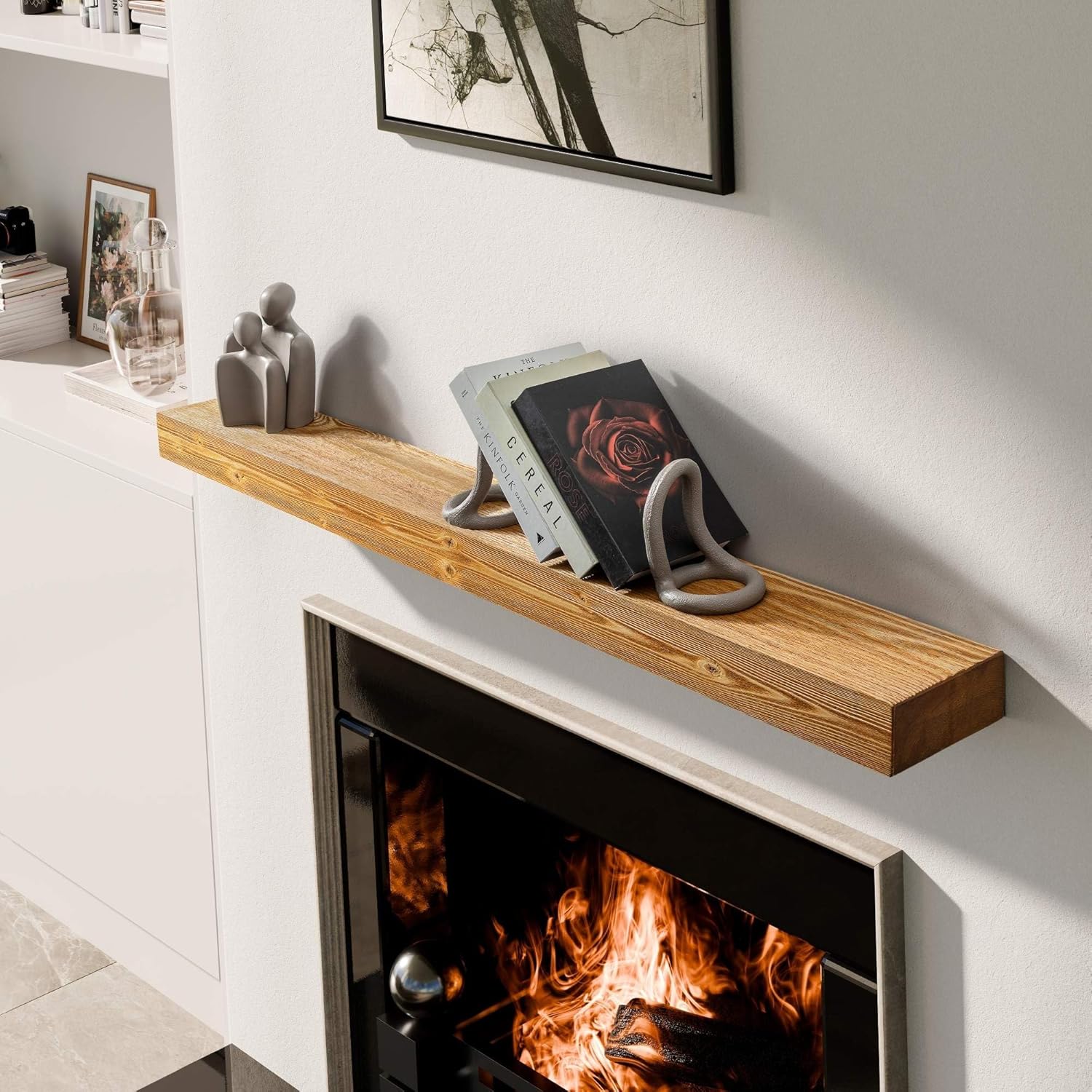 BoscoMondo Solid Wood Fireplace Mantel Shelf, Floating Mantle for Living Room, Farmhouse Rustic Wood Mantel, Easy Wall Mount with Heavy-Duty Metal Bracket (54", Oak)