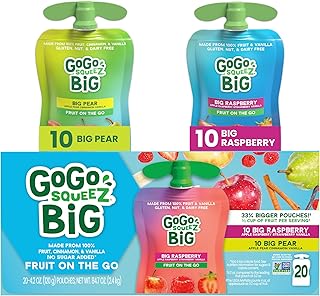 GoGo squeeZ BIG Applesauce & Fruit Puree with Vanilla and Cinnamon Variety Pack, Pear & Raspberry, 4.2 oz. (Pack of 20), Unsweetened Fruit Snacks for Kids, Gluten Free, Nut Free, Dairy Free Pouches