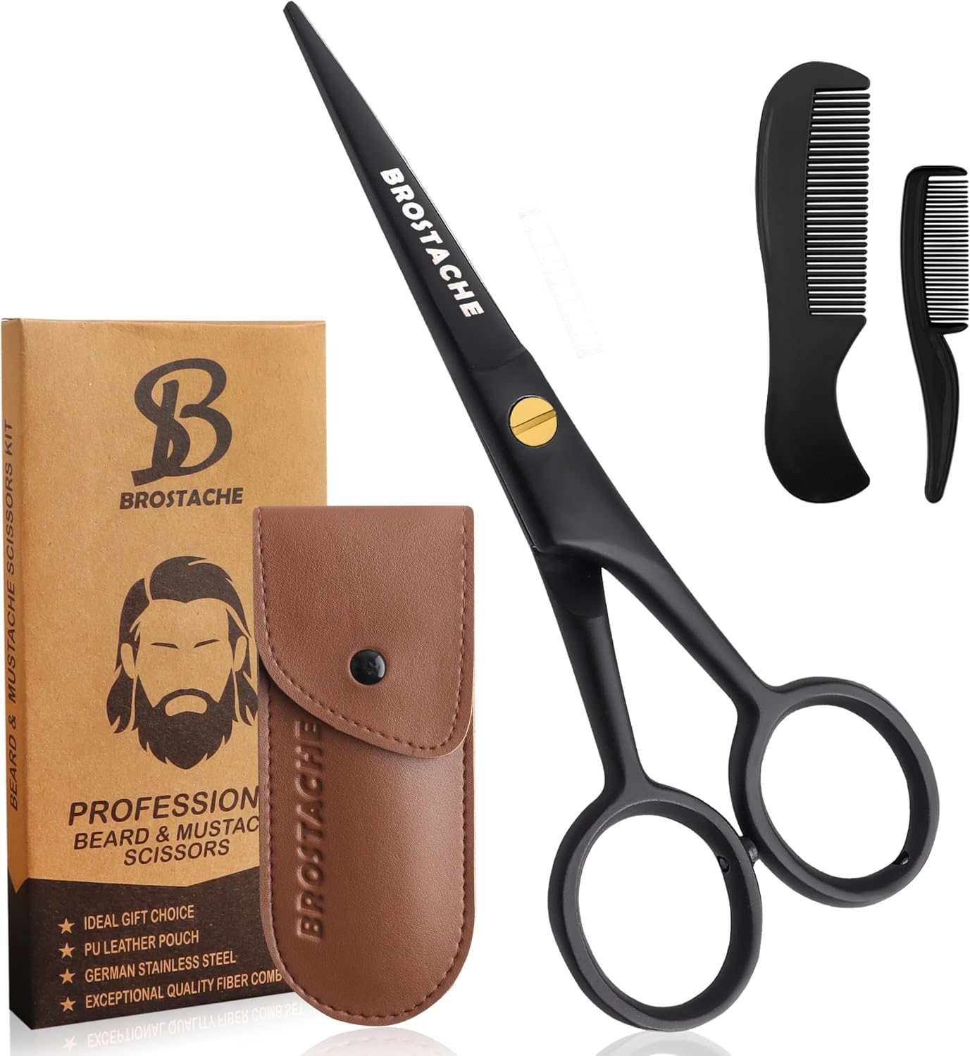5” Professional Beard and Mustache Scissors, German Steel Beard Scissors Come with Mustache Comb, Beard Comb and Carrying Pouch. Grooming Scissor for All Facial Hair Scissors (Black)