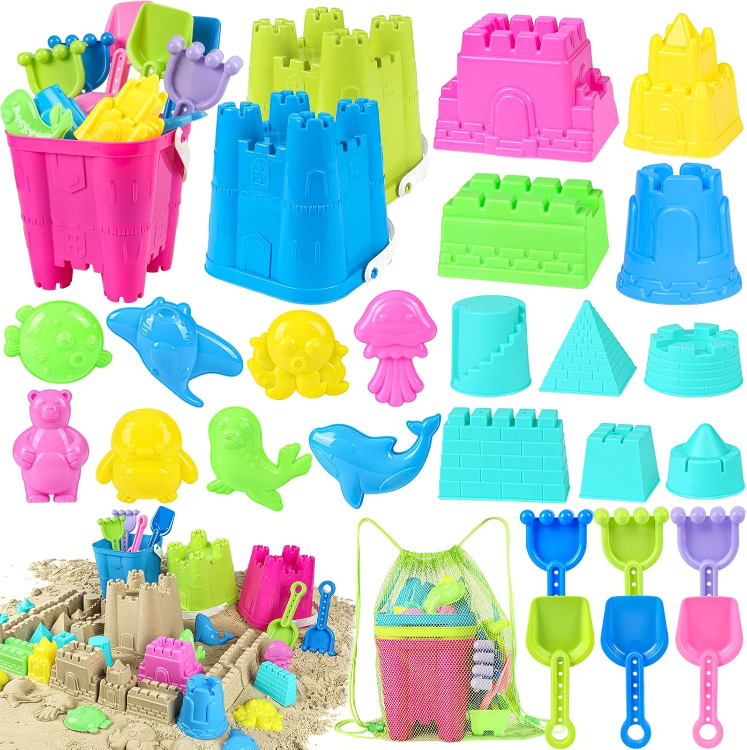 Beach Toys for Toddlers, Sand Castle Toys with 3 Sand Bucket, 6 Sand Shovels, Mesh Bag & Sand Molds Travel Sand Toys for Beach Sandbox Toys for Toddlers Kids Baby Boys Girls Age 3-10