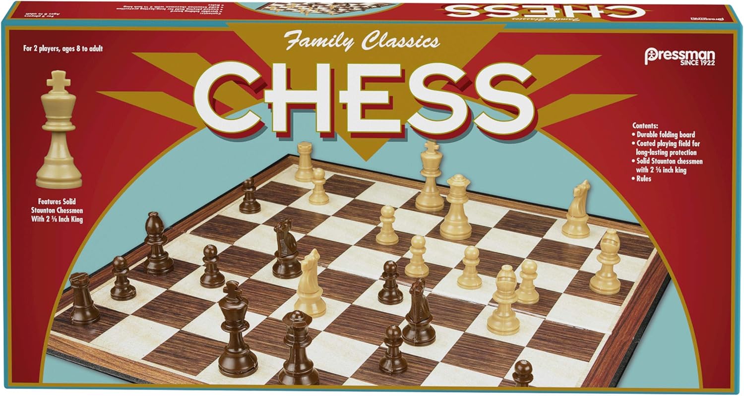 Family Classics Chess by Pressman - with Folding Board and Full Size Chess Pieces