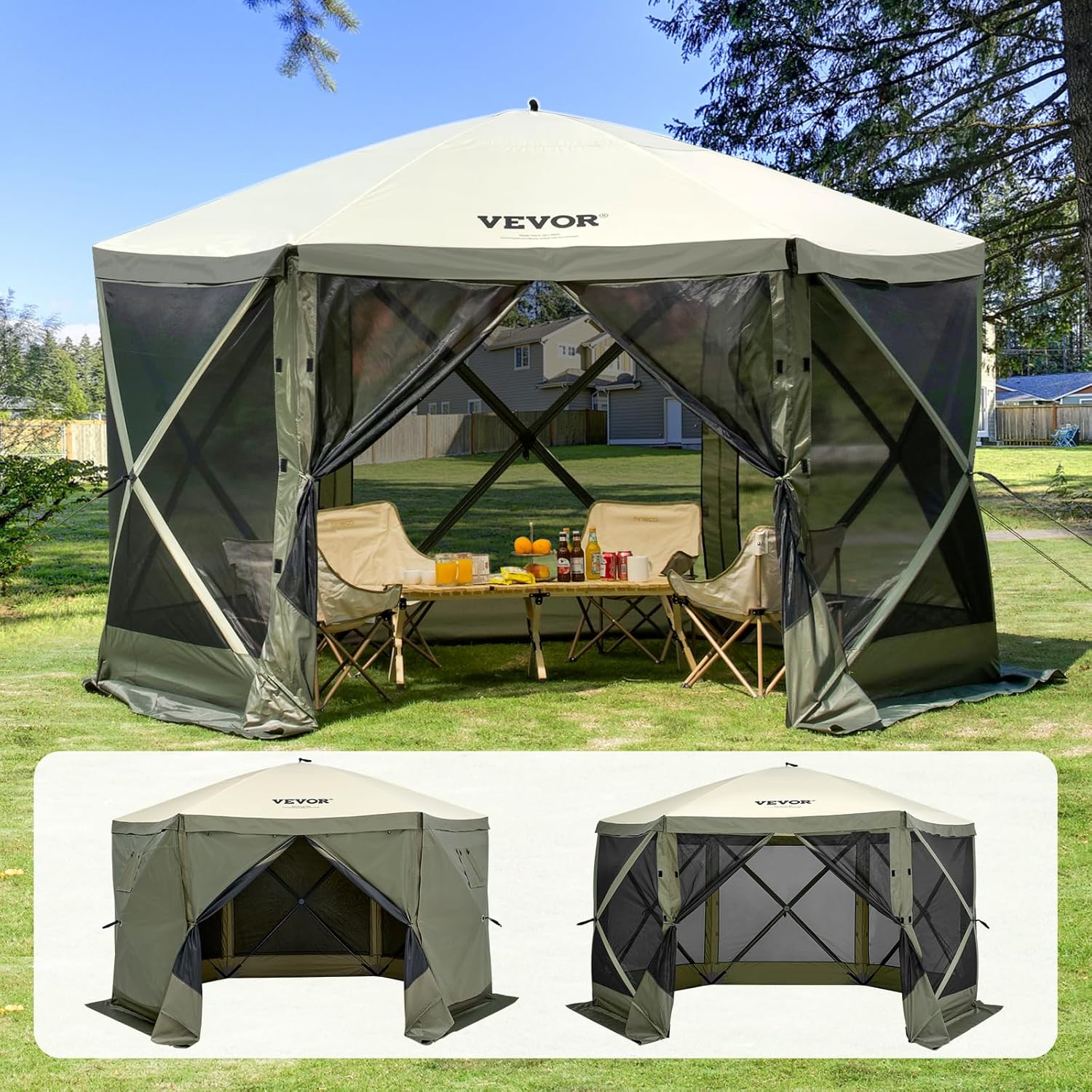 VEVOR Pop Up Gazebo Screen Tent, Instant Gazebo Tent with Mosquito Netting Outdoor Canopy, 6 Sided Sun Shelter 12x12ft w/ 6 Removable Wind Cloths & 2 Mesh Windows, Pavilion Tent for Patio, Army Green