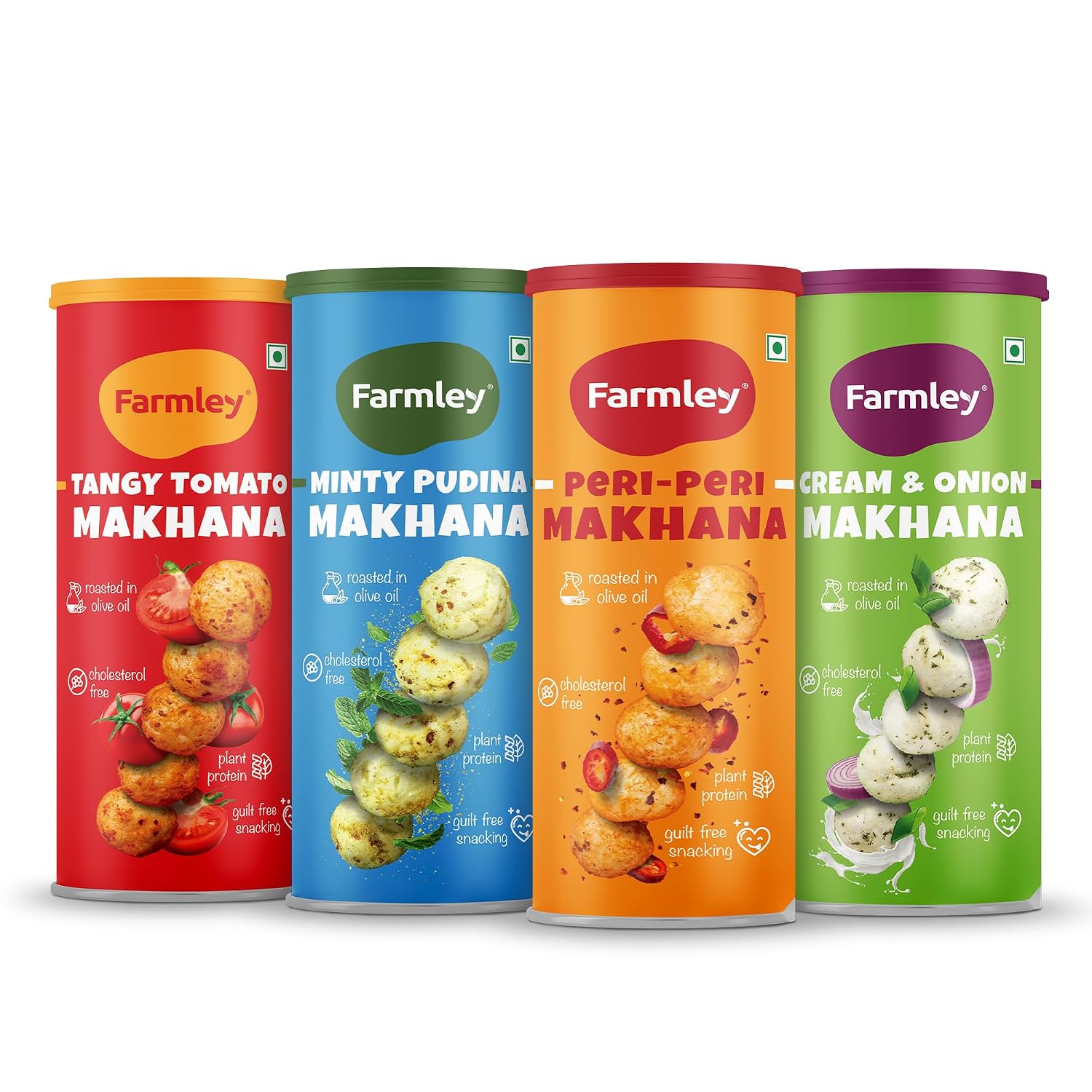 Farmley Makhana (Fox Nuts) Superfood Snack | Gluten Free Roasted & Flavoured Puffs | Good Source of Plant-Based Protein & Fiber | Crunchy Popped Lotus Seeds | Variety Pack of 4 (Peri-Peri, Cream & Onion, Mint, Tangy Tomato) | 90g Each (12.70 oz)